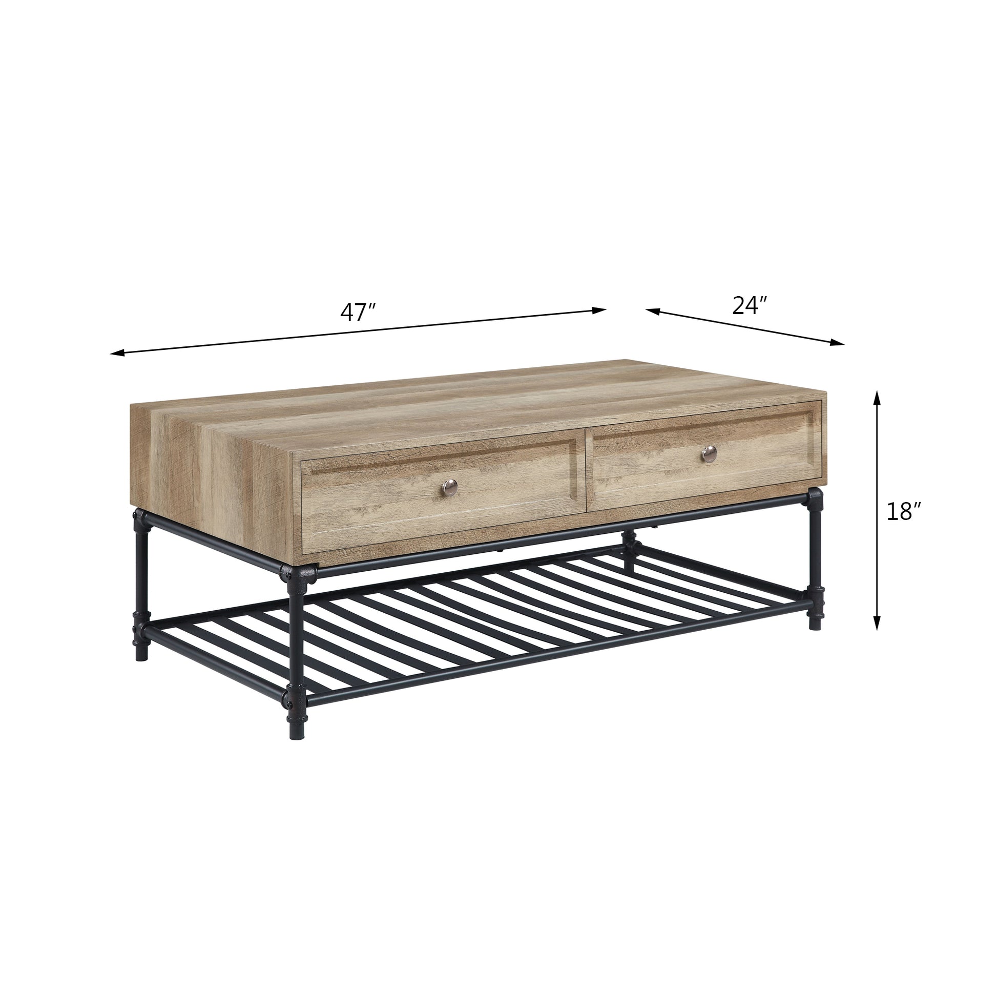 Rustic wood coffee table with two drawers and metal pipe legs