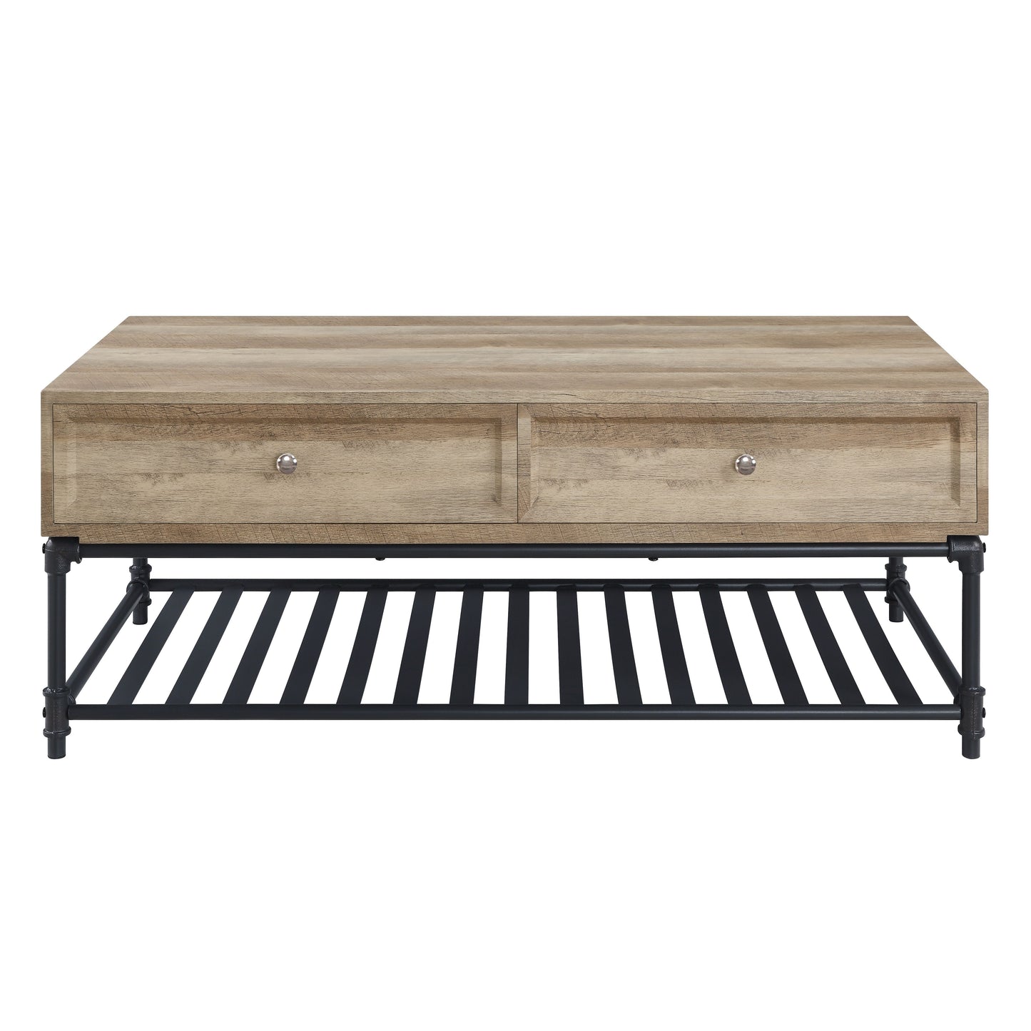 Rustic wooden coffee table with two drawers and black metal pipe legs