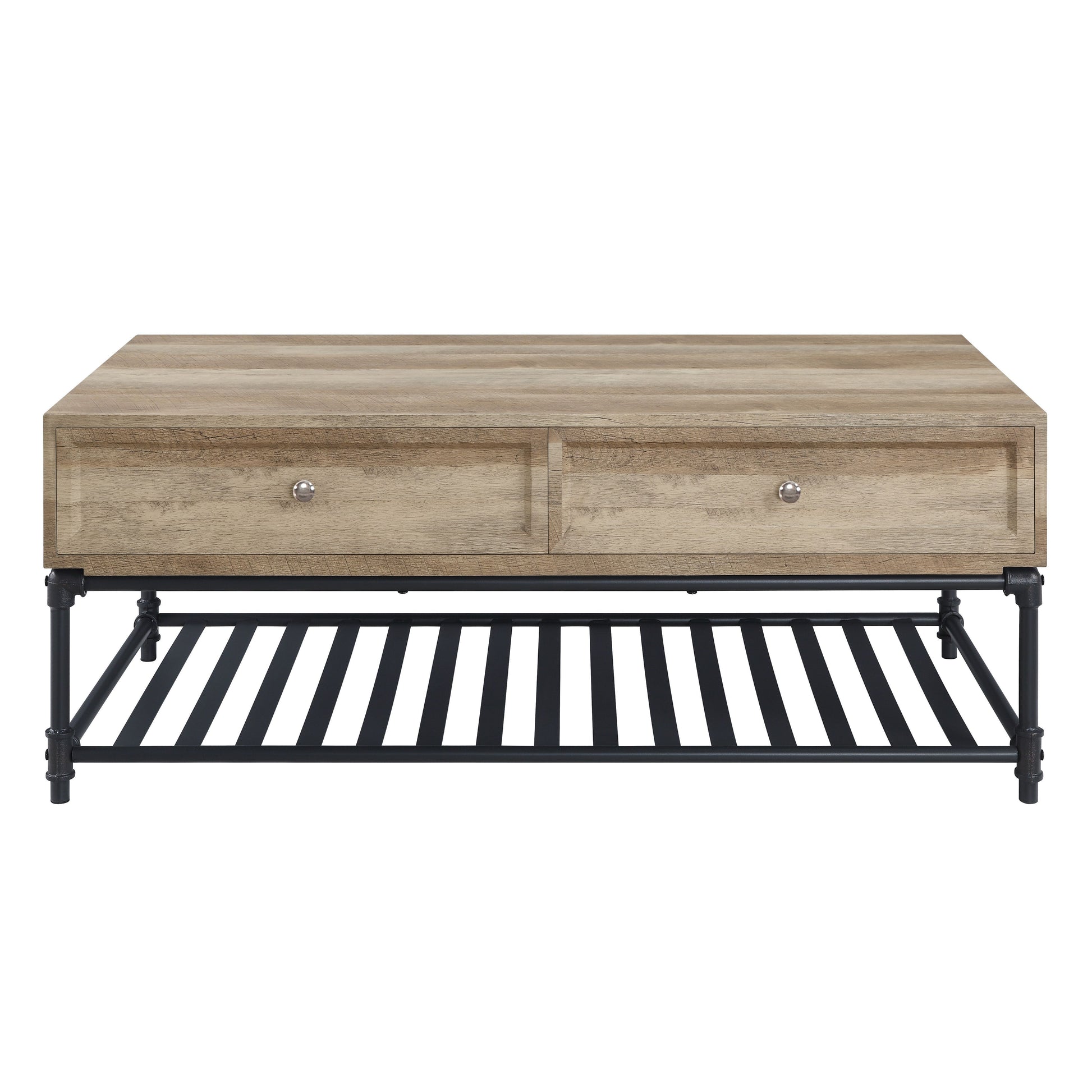 Rustic wooden coffee table with two drawers and black metal pipe legs