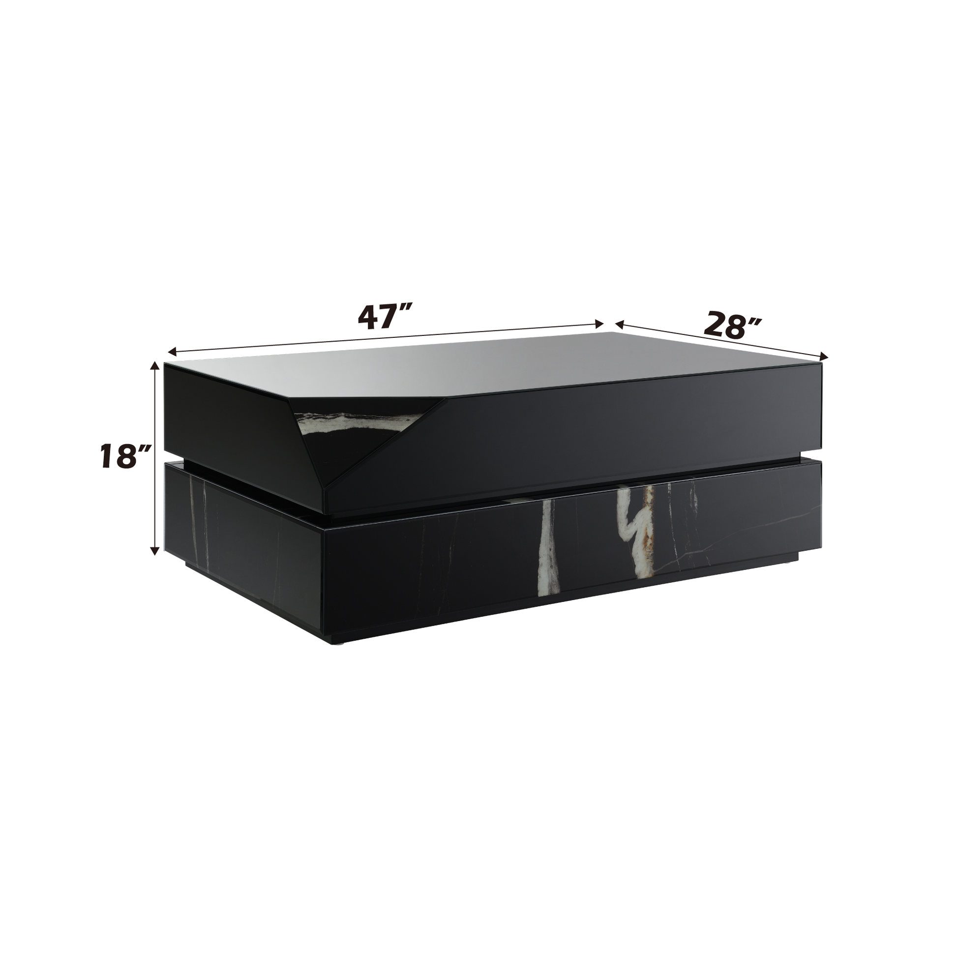Sleek black lacquer coffee table with marbled stone accents and beveled top
