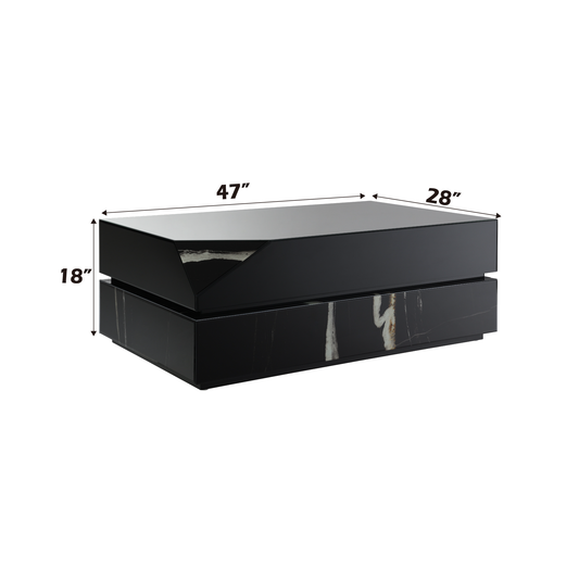 Sleek black lacquer coffee table with marbled stone accents and beveled top