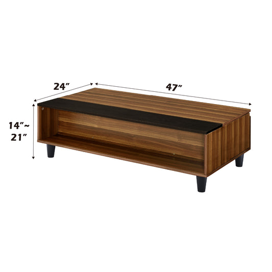 Modern walnut coffee table with black accent strip and open shelf