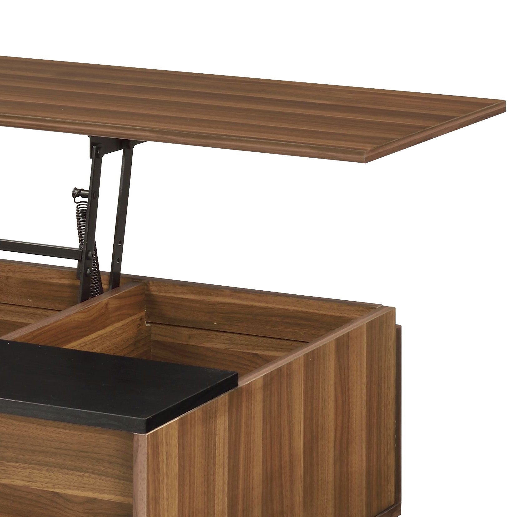 Walnut lift top coffee table with metal mechanism open