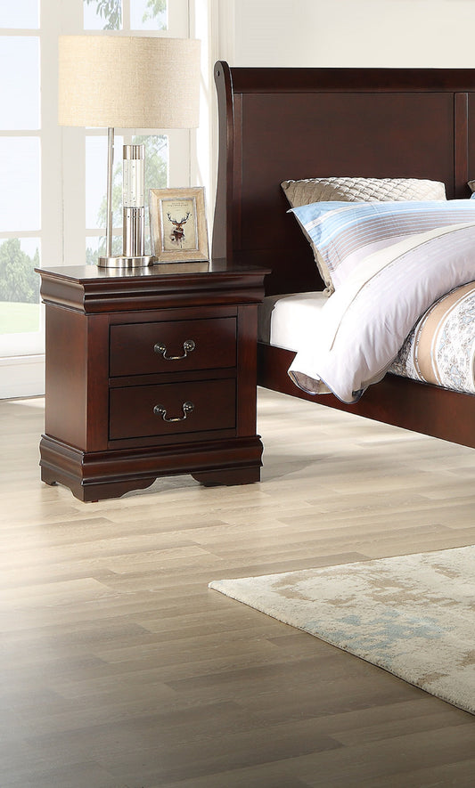 Dark wood traditional nightstand with two drawers and ornate pulls