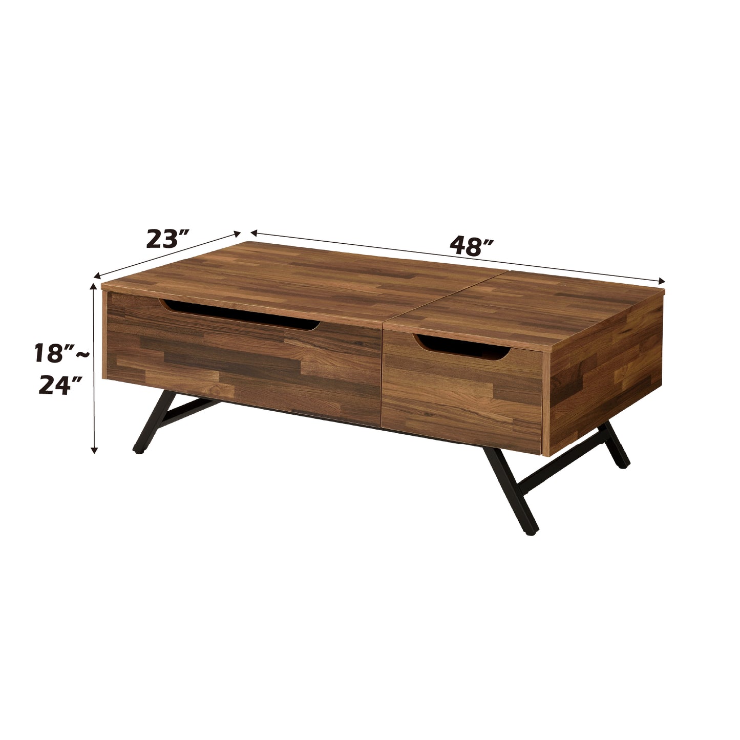 Midcentury modern coffee table with walnut finish and metal legs