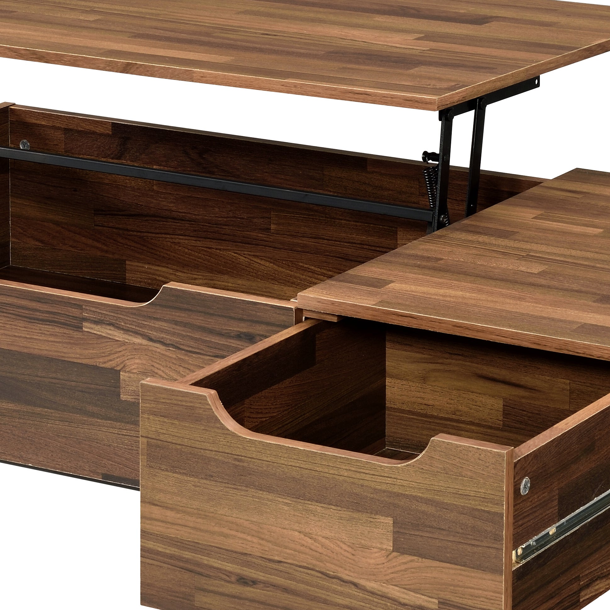 Walnut lift top coffee table with two drawers for storage