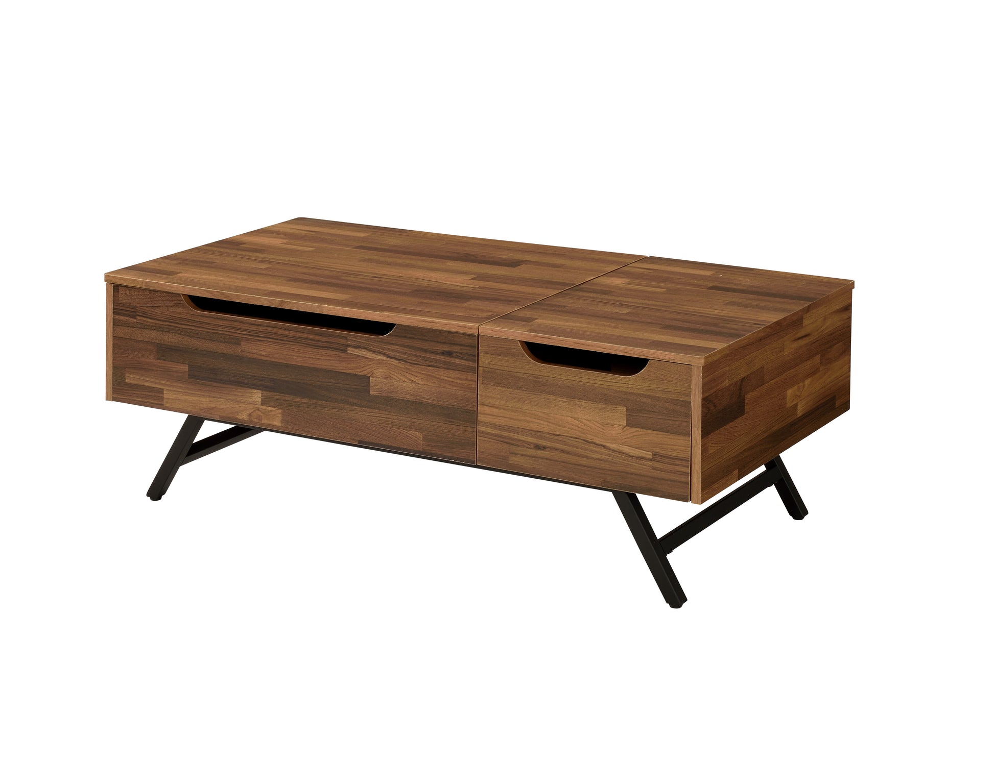 Walnut wood coffee table with two drawers and black metal legs