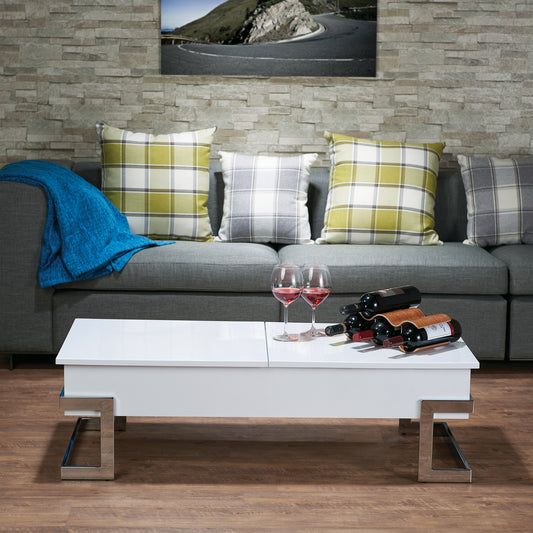 Modern white lifttop coffee table with chrome legs and wine rack