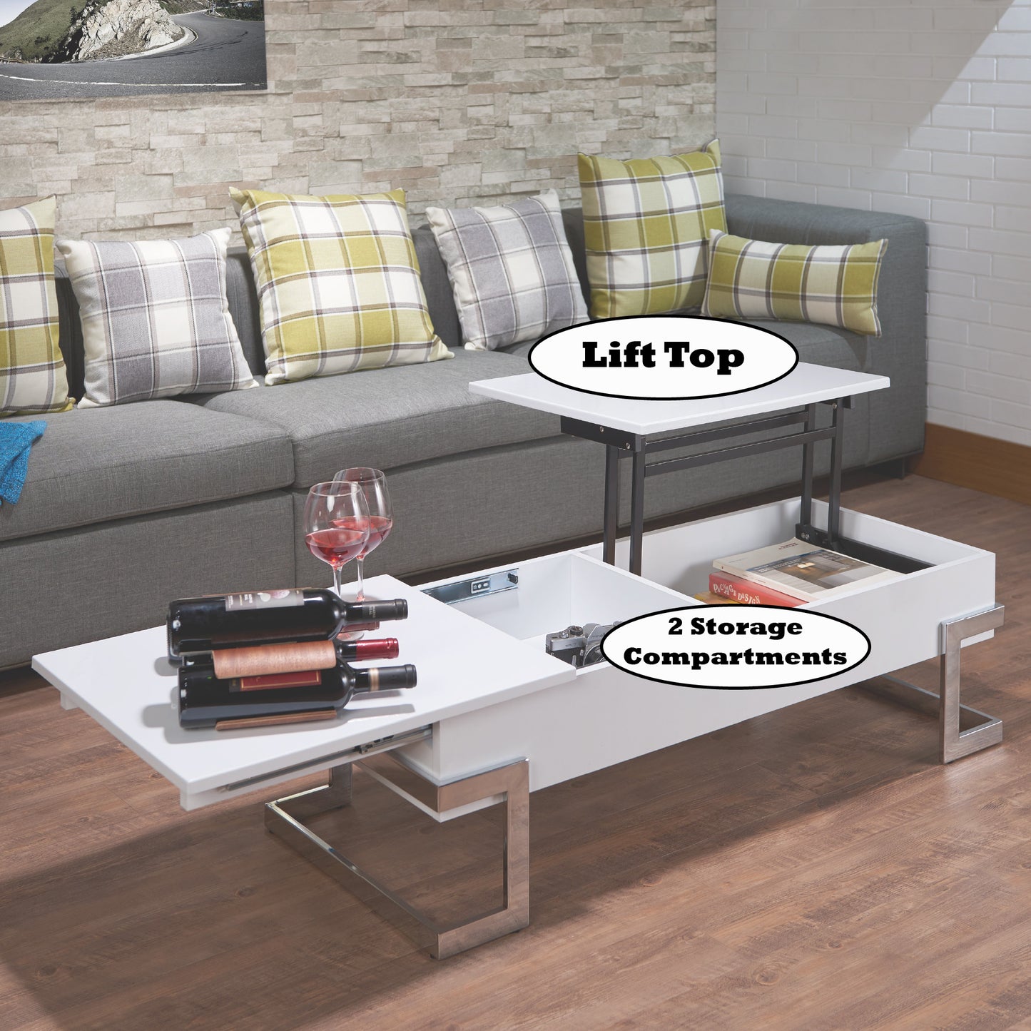 White lift top coffee table with two storage compartments