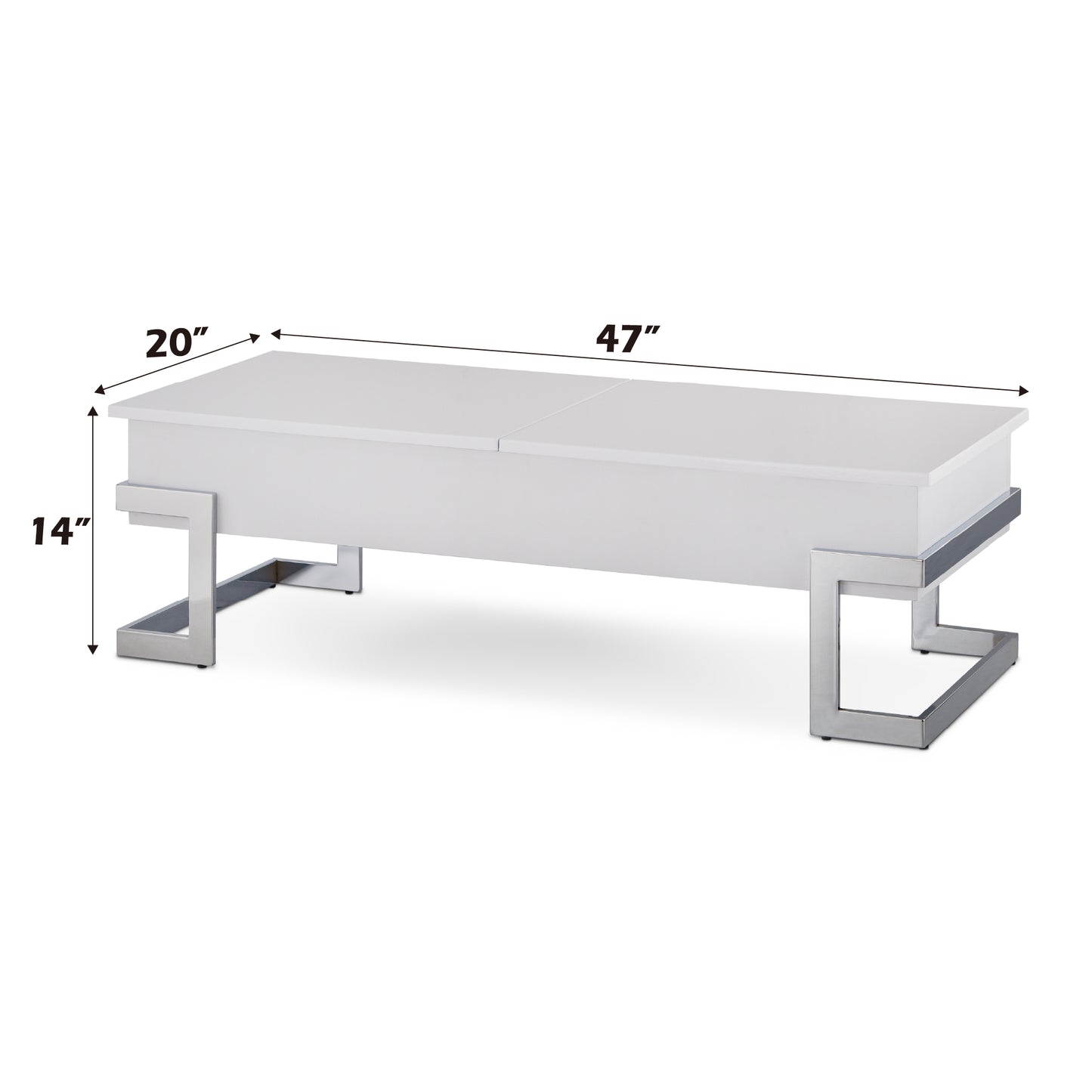 White modern coffee table with split top and chrome legs