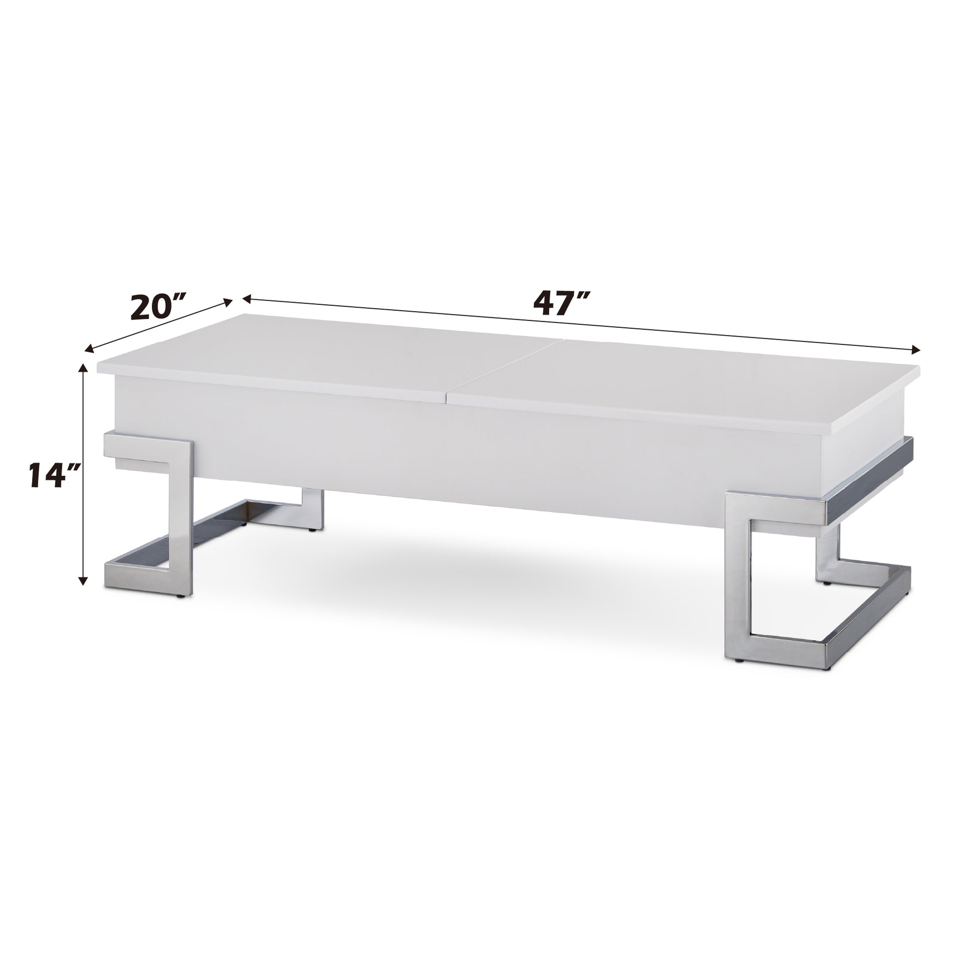 White modern coffee table with split top and chrome legs