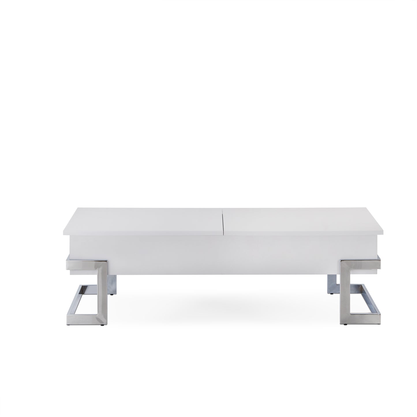 Sleek white lifttop coffee table with polished chrome legs