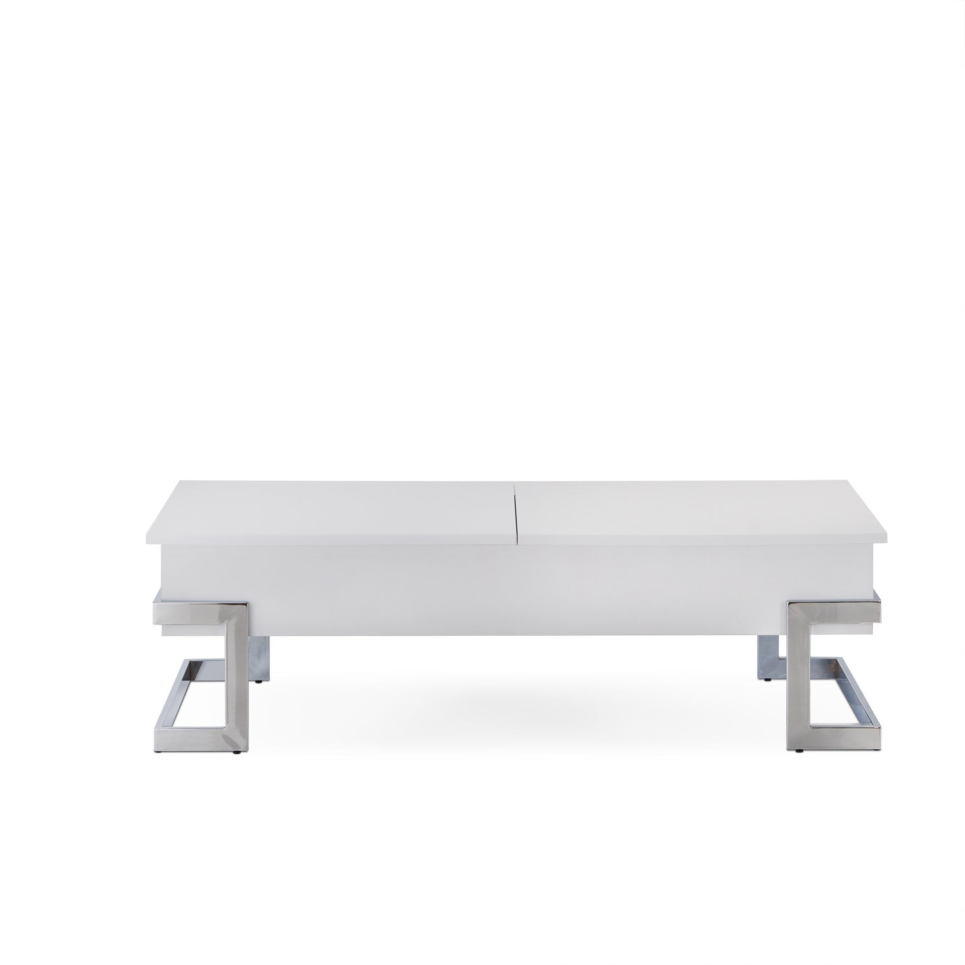 Sleek white lifttop coffee table with polished chrome legs