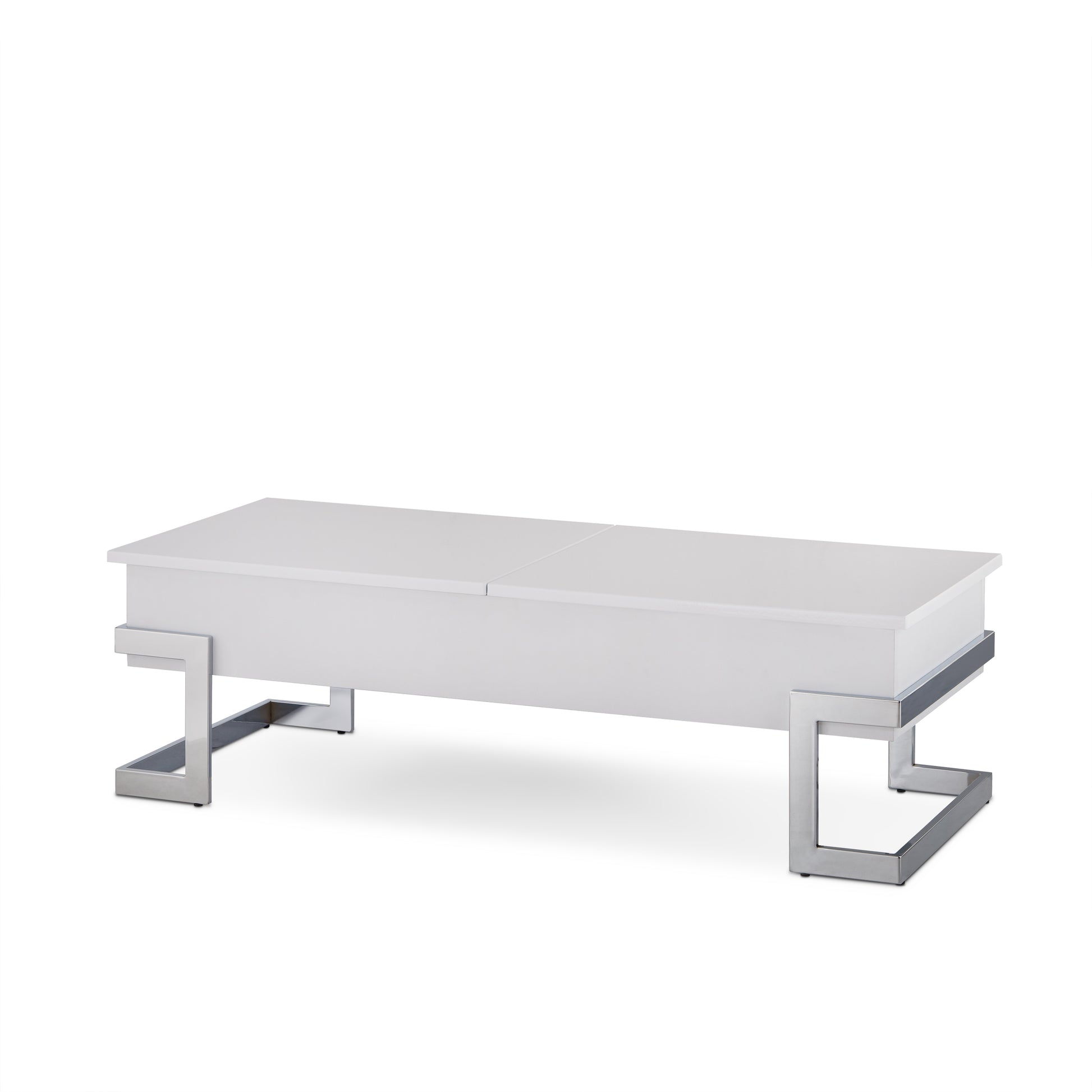 White lifttop storage coffee table with chrome metal legs