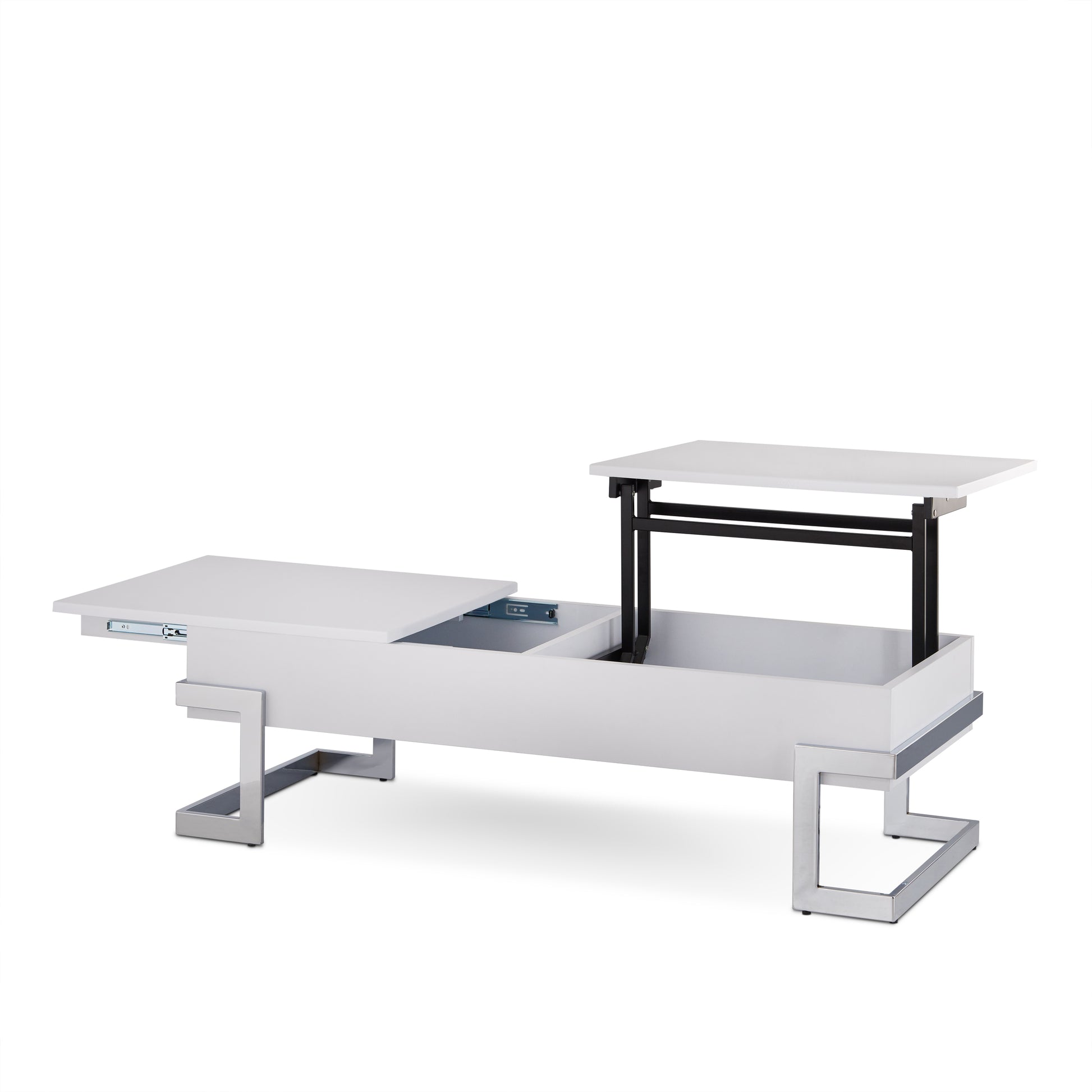 Modern white lift top coffee table with sliding drawer