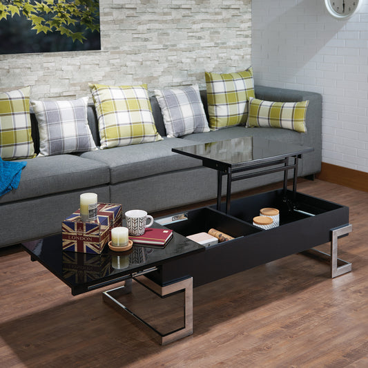 Modern black lifttop coffee table with hidden storage and chrome legs