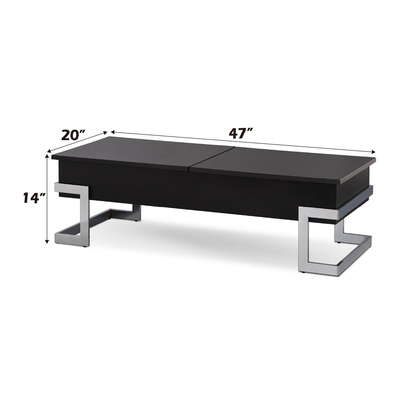 Modern black lifttop coffee table with polished chrome base and  length
