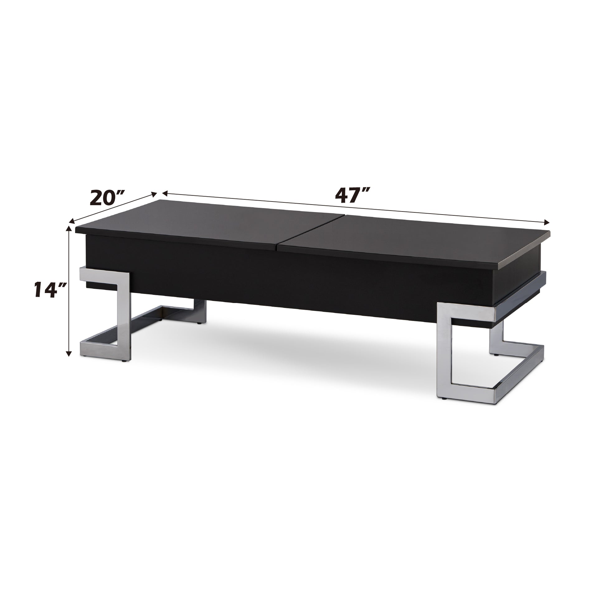 Modern black lifttop coffee table with polished chrome base and  length