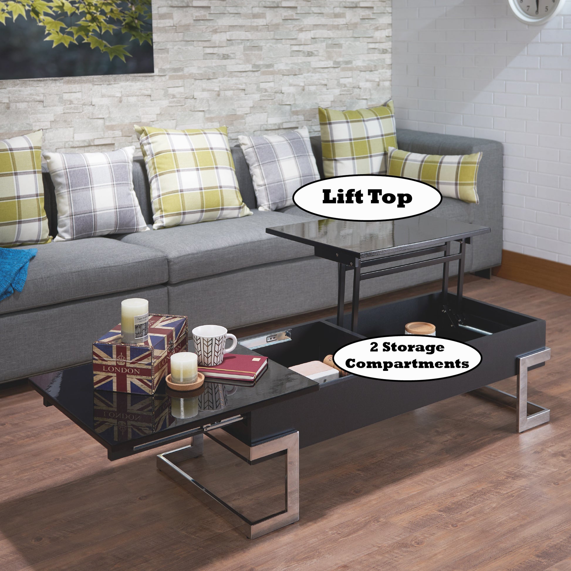 Modern black lift top coffee table with chrome legs and two storage compartments