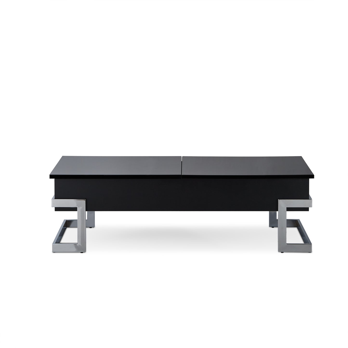 Sleek black lifttop coffee table with modern chrome legs