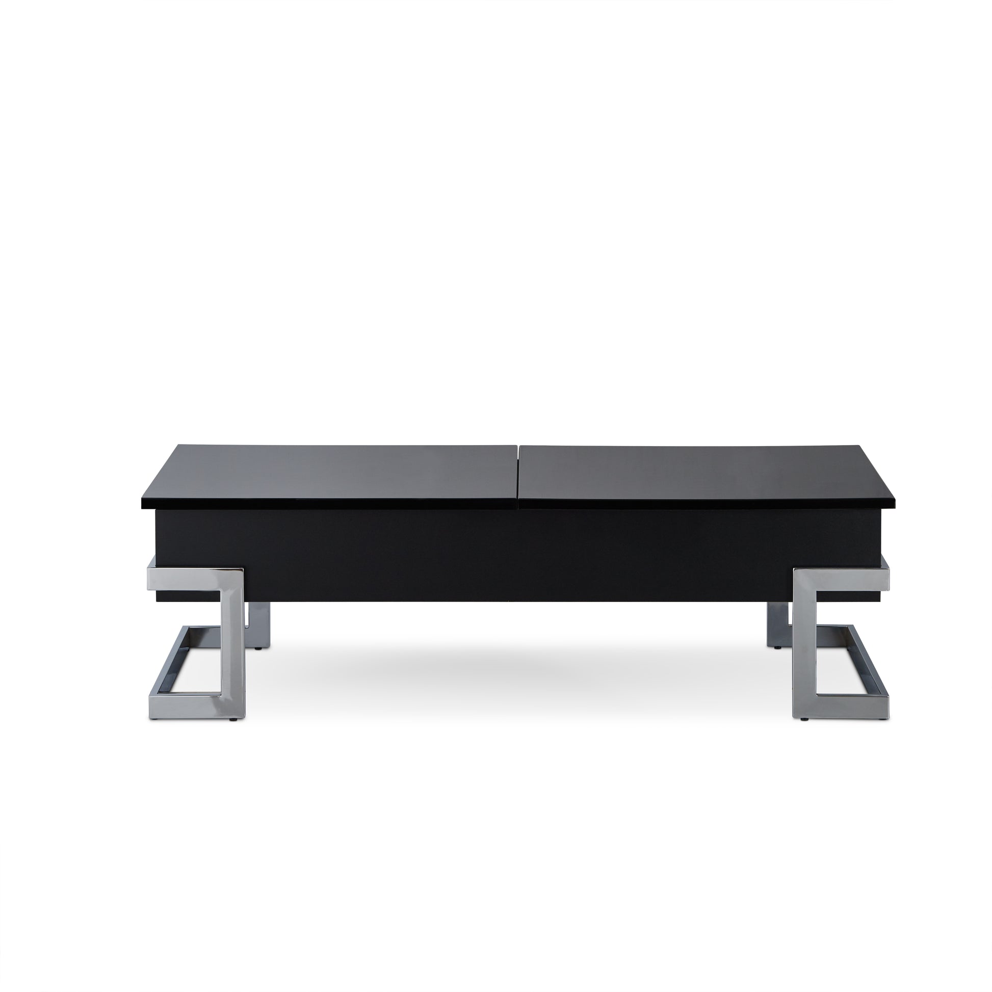 Sleek black lifttop coffee table with modern chrome legs