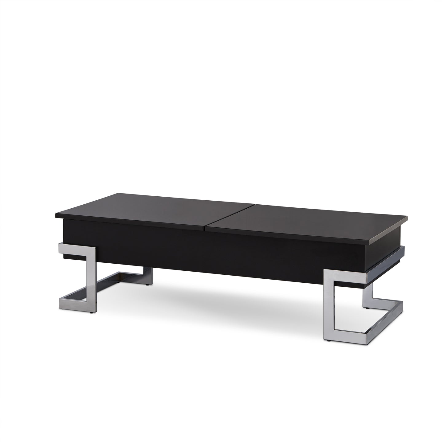 Sleek black lifttop coffee table with chrome square legs