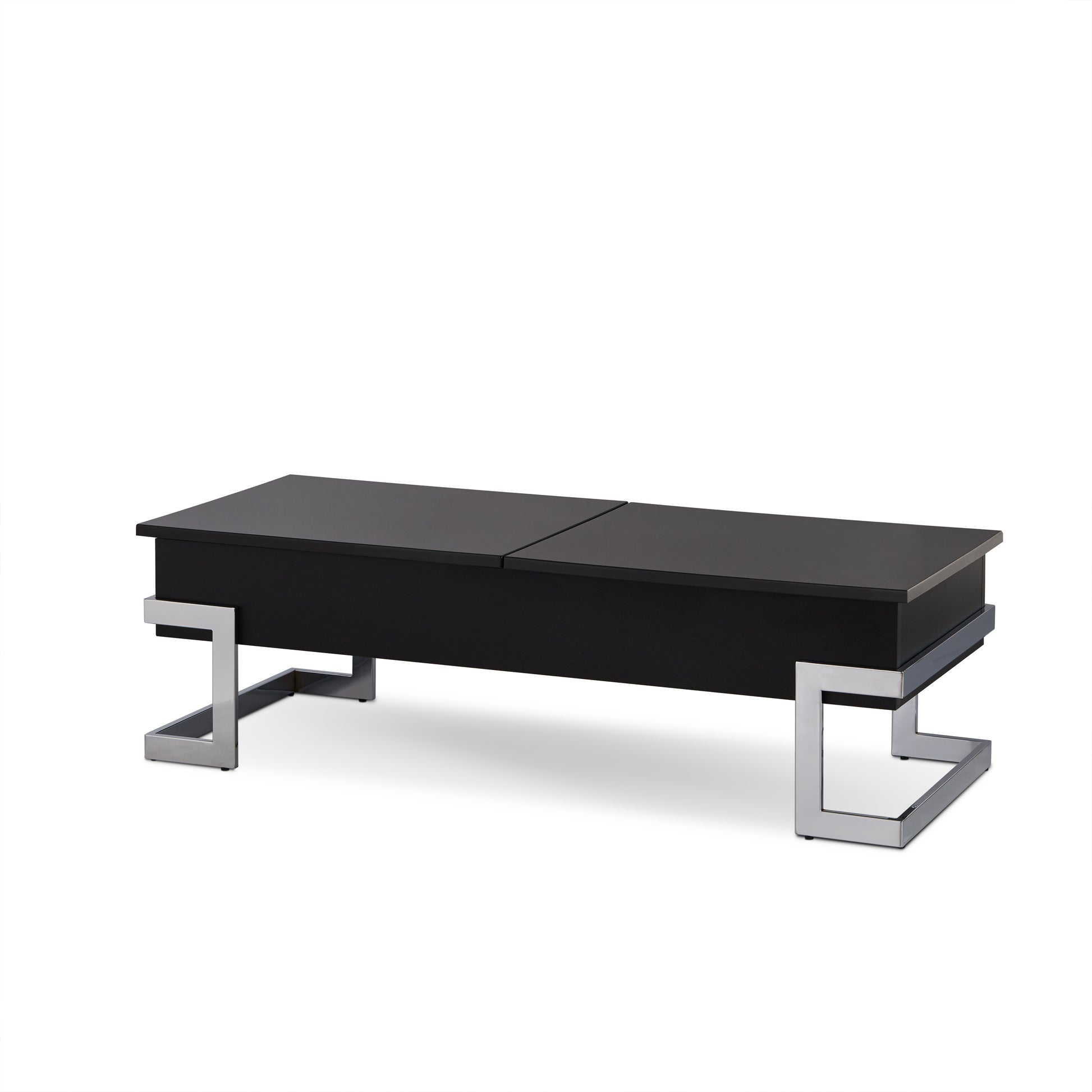 Sleek black lifttop coffee table with chrome square legs