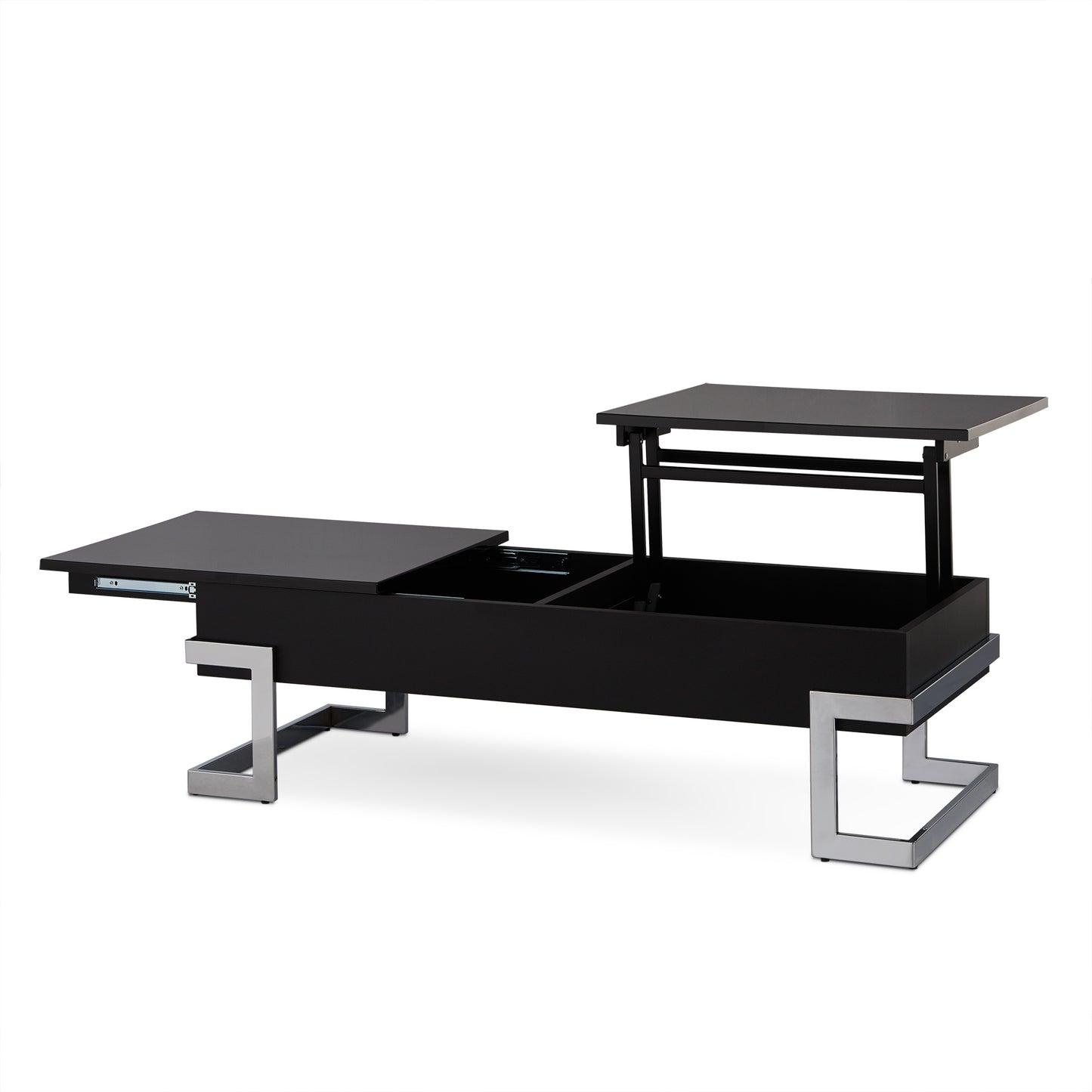 Black lifttop coffee table with hidden storage and chrome legs