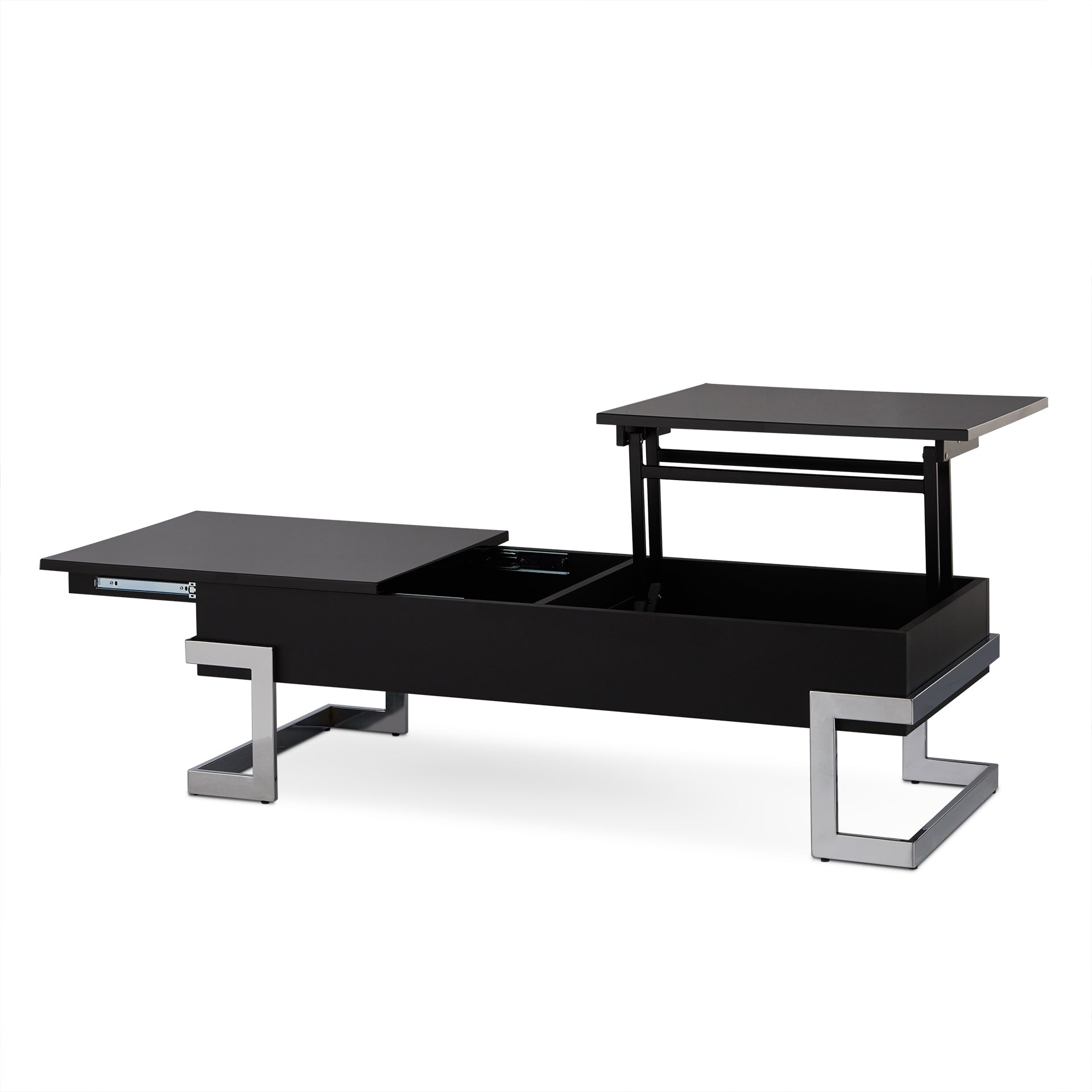 Black lifttop coffee table with hidden storage and chrome legs