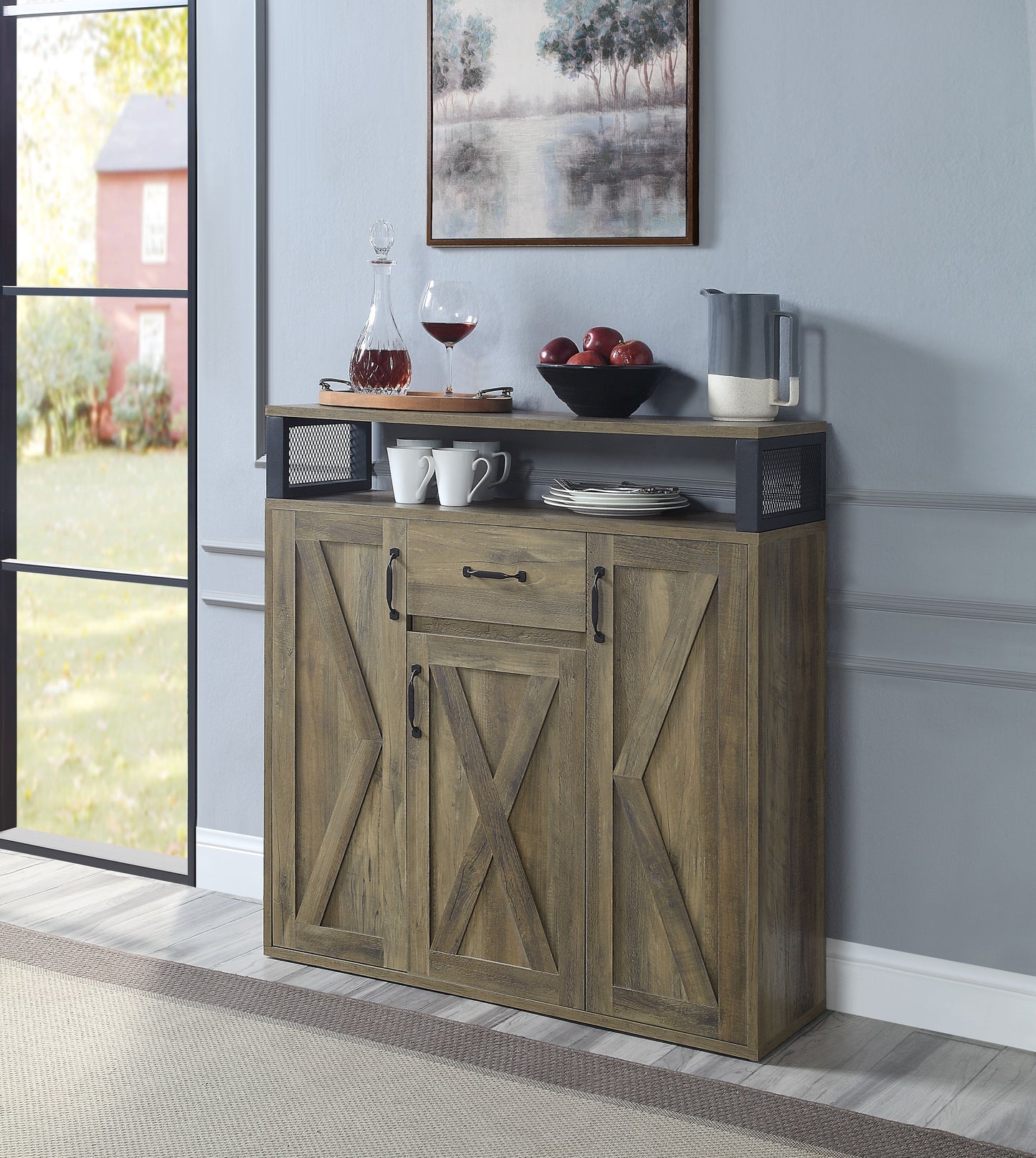 Rustic wood sideboard with barn door style cabinet fronts