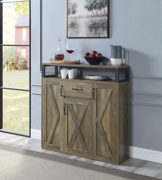 Rustic wood sideboard with barn door style cabinet fronts