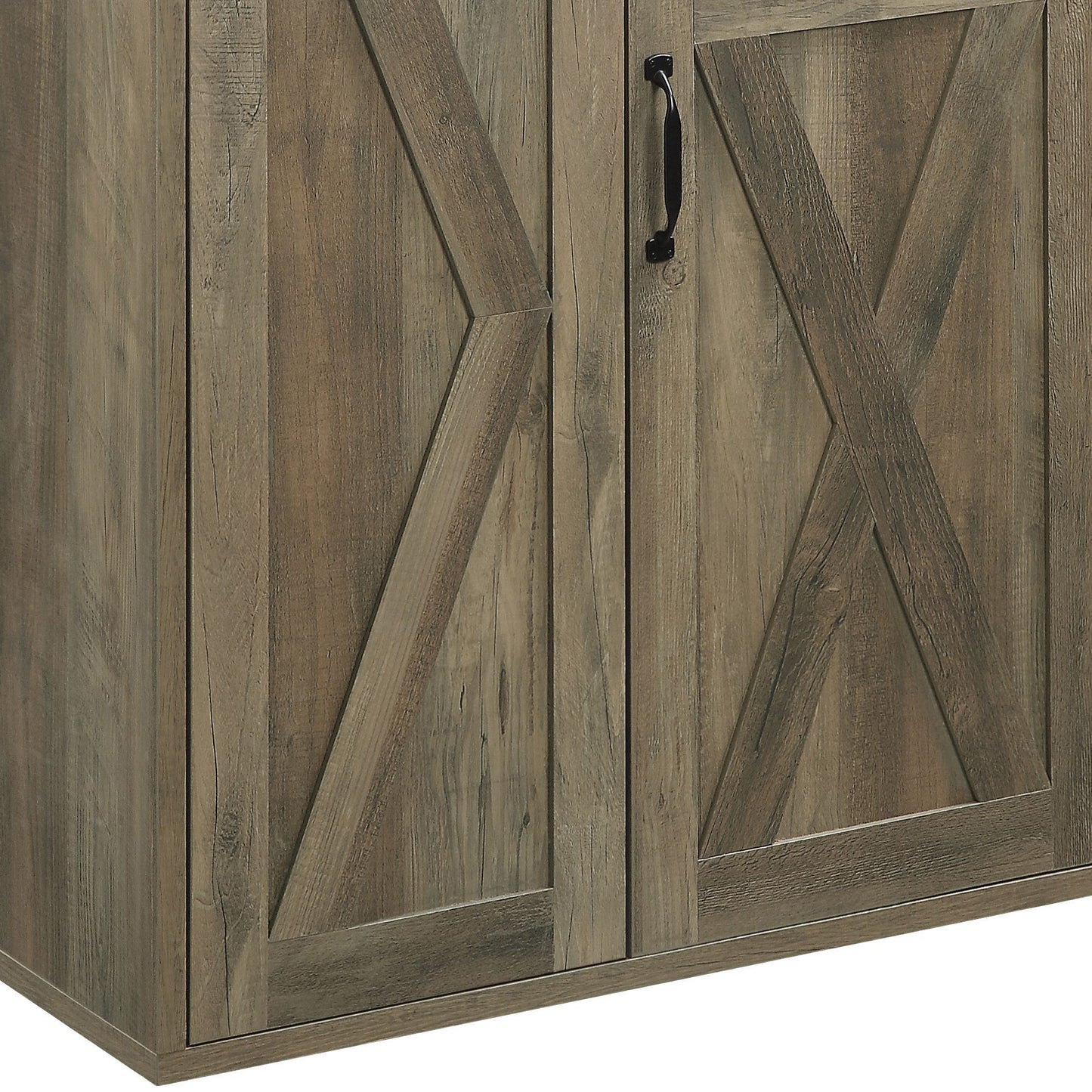 Rustic barn door cabinet with weathered oak finish and black hardware