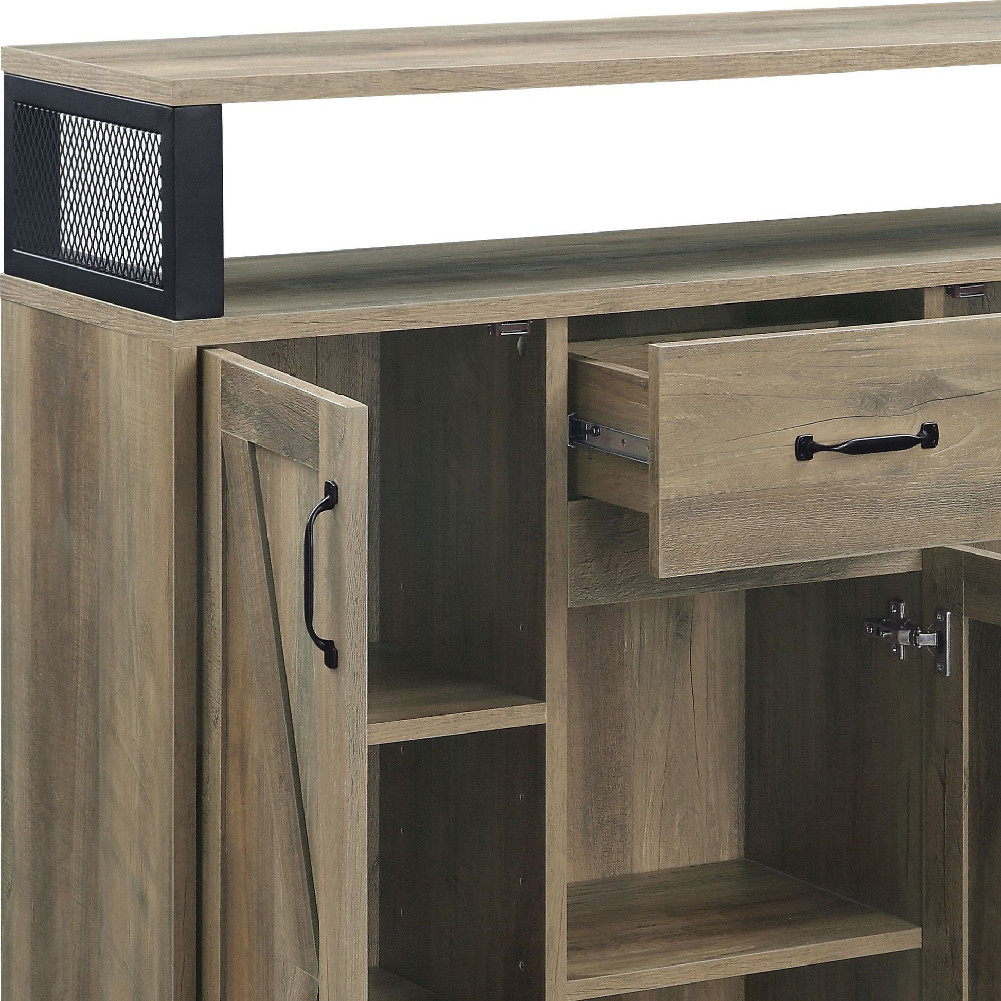 Rustic wood sideboard with open doors and drawer