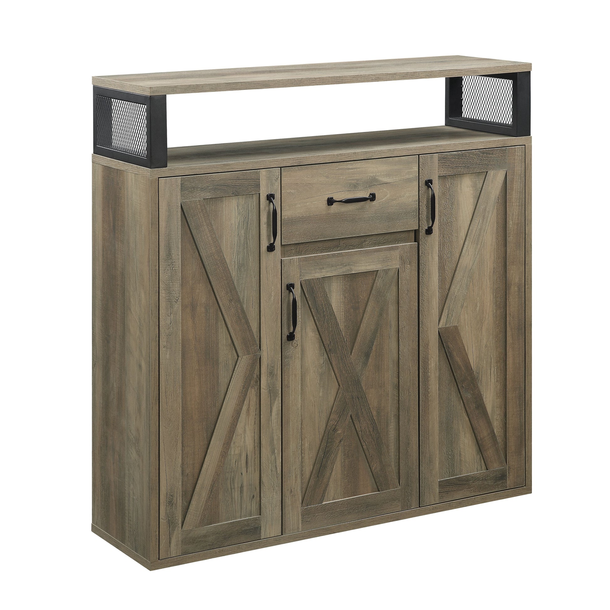 Rustic farmhouse buffet cabinet with a weathered oak finish and black metal accents