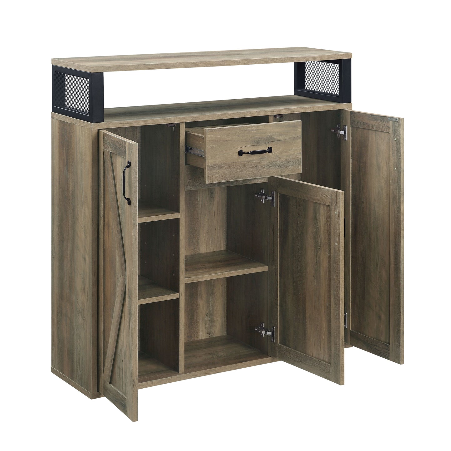 Rustic brown wood cabinet with black mesh accents and open doors showing shelves and a drawer