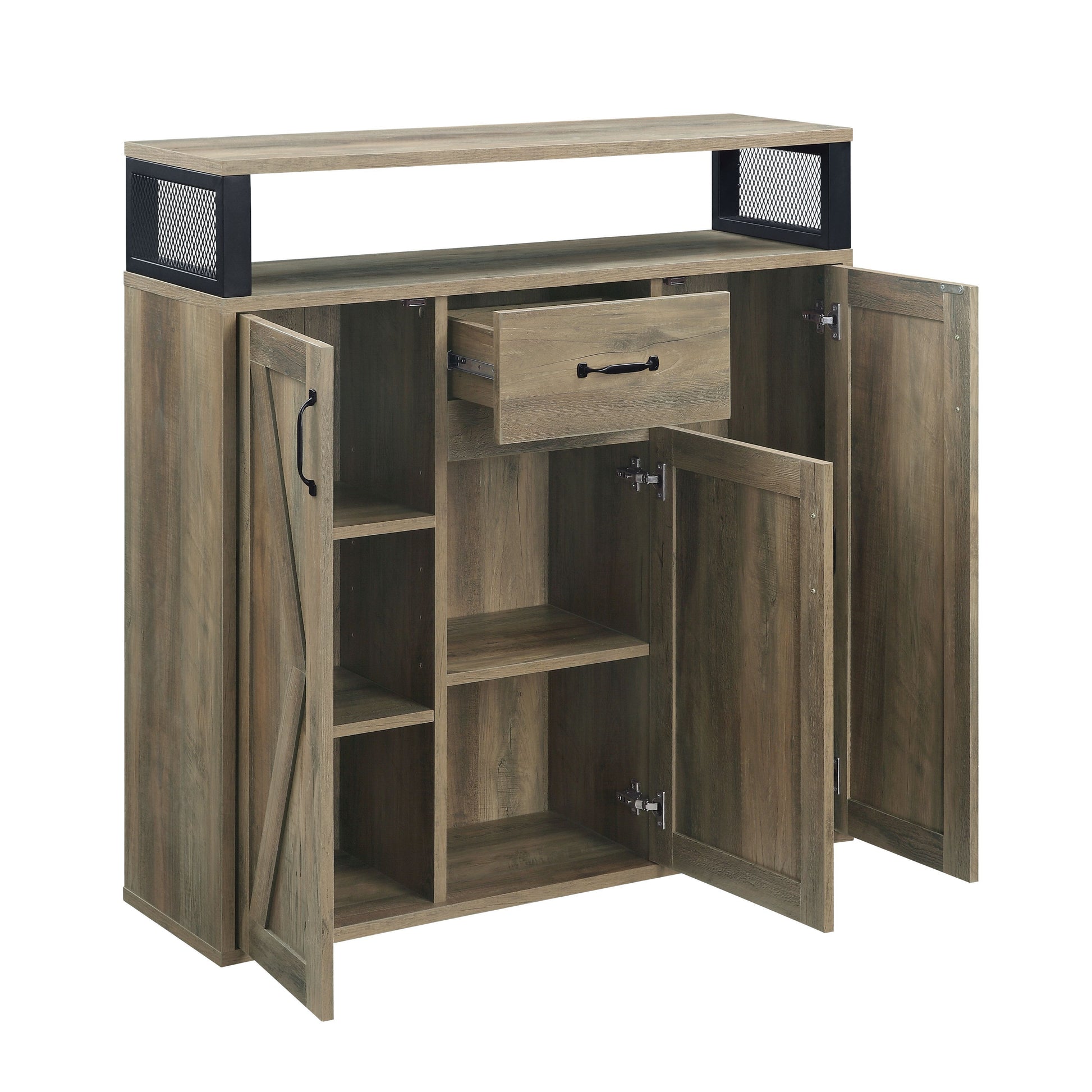 Rustic brown wood cabinet with black mesh accents and open doors showing shelves and a drawer
