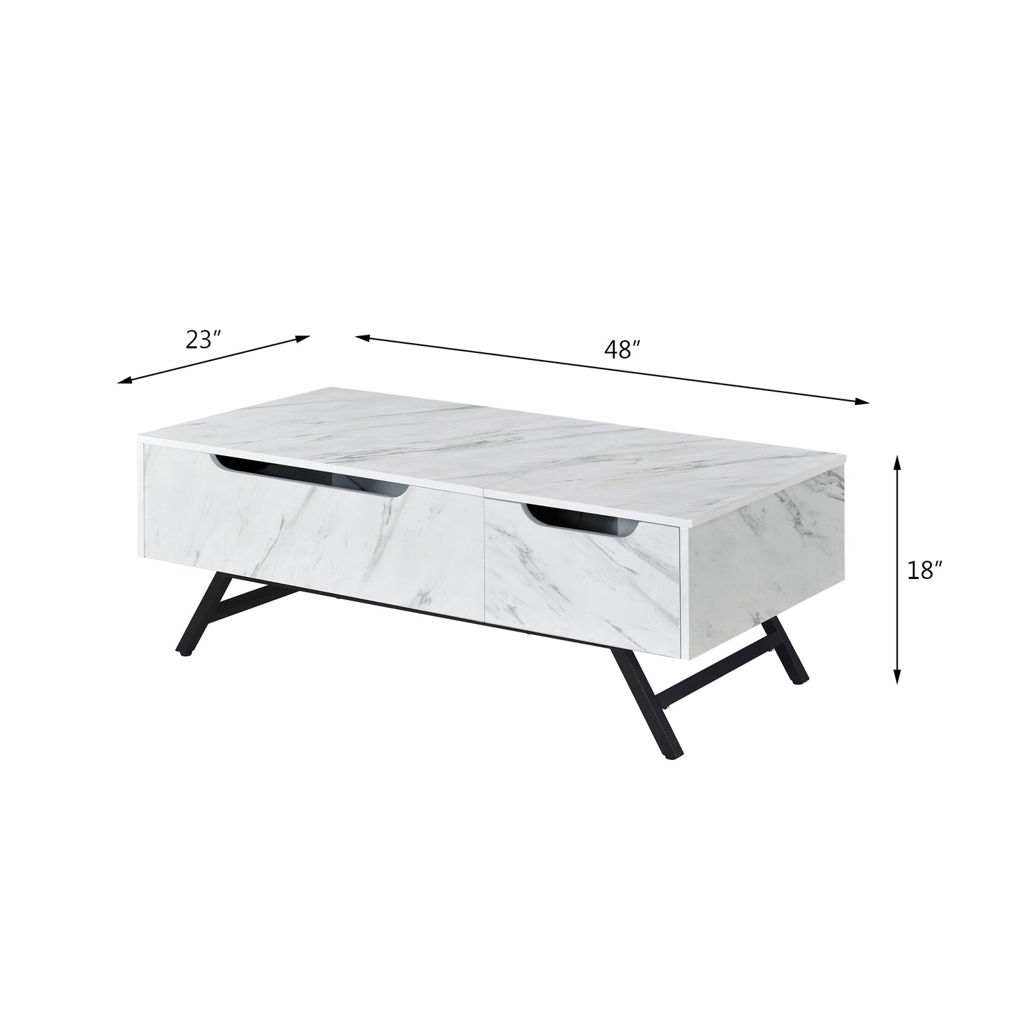 White marble coffee table with two drawers and black metal legs