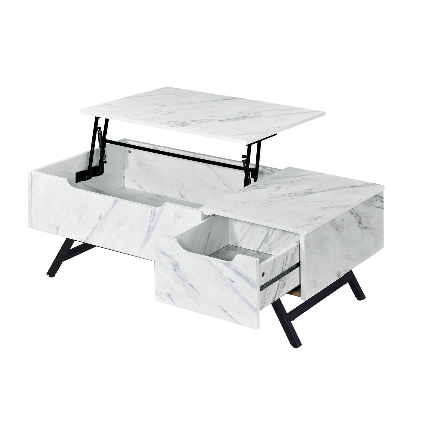 White marble lift top coffee table with hidden storage and black metal legs