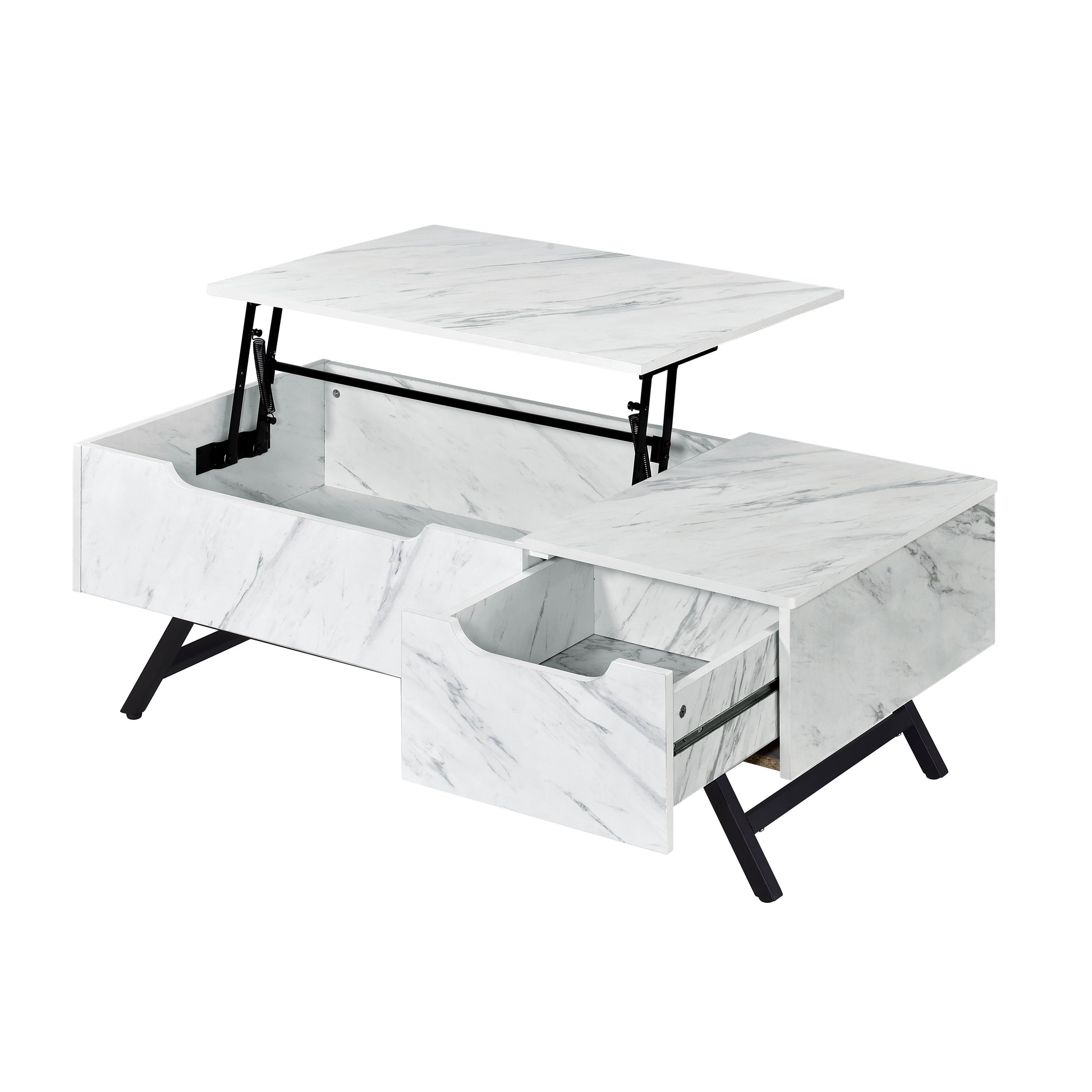 White marble lift top coffee table with hidden storage and black metal legs