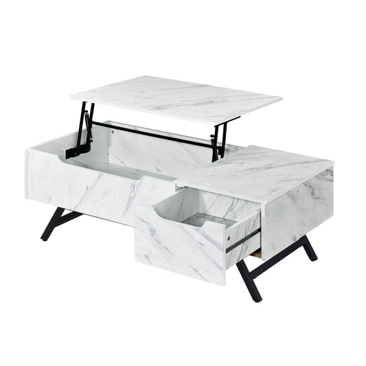 White marble lift top coffee table with hidden storage and black metal legs