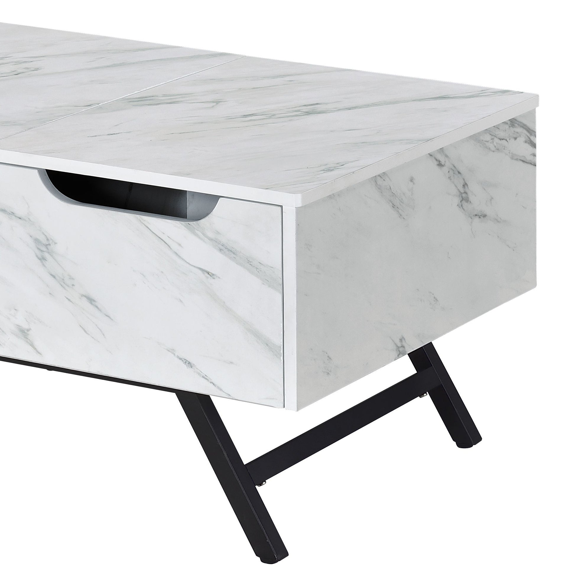 White marble coffee table with open drawer and black metal legs