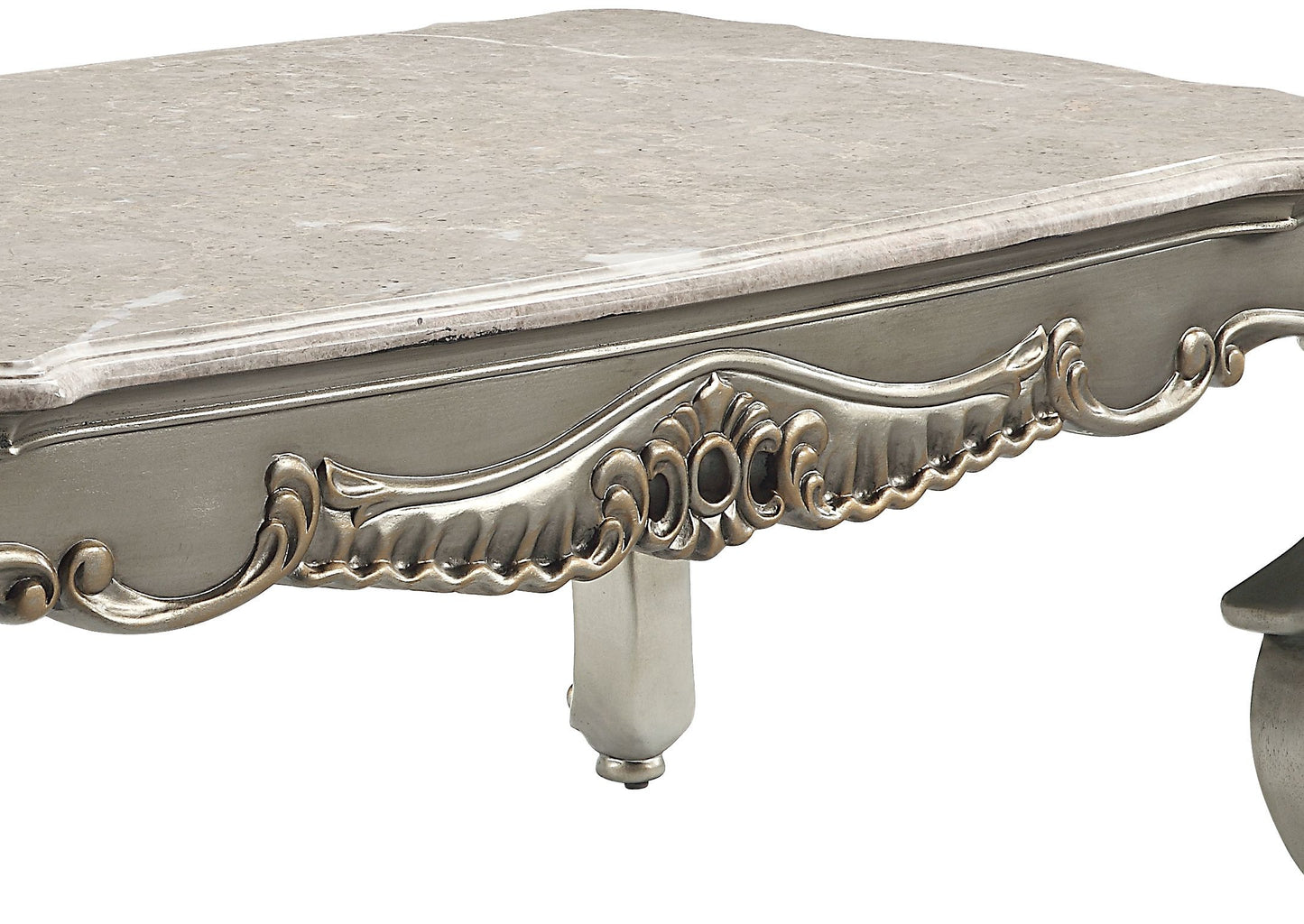 Ornate silver and marble coffee table leg detail