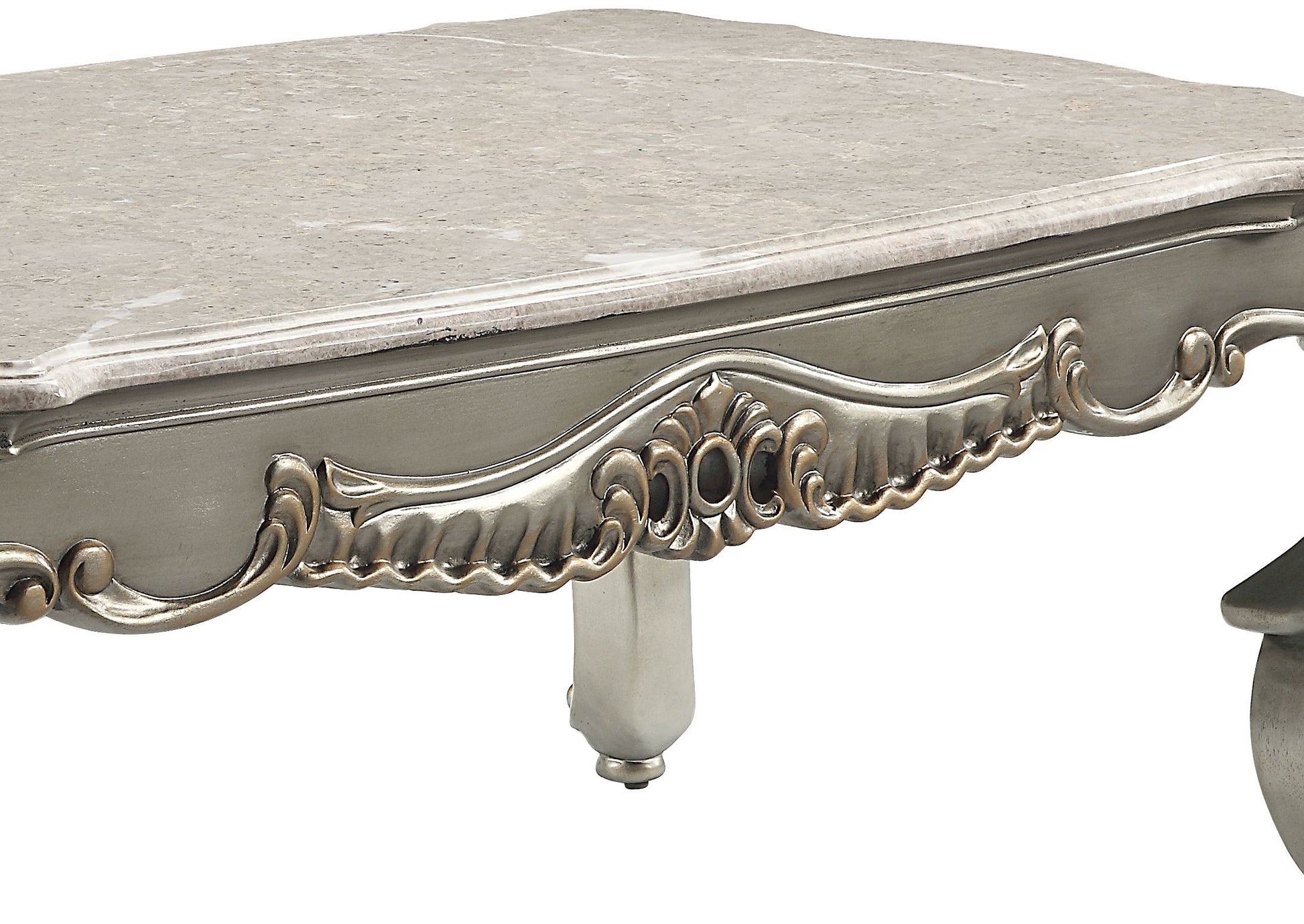 Ornate silver and marble coffee table leg detail