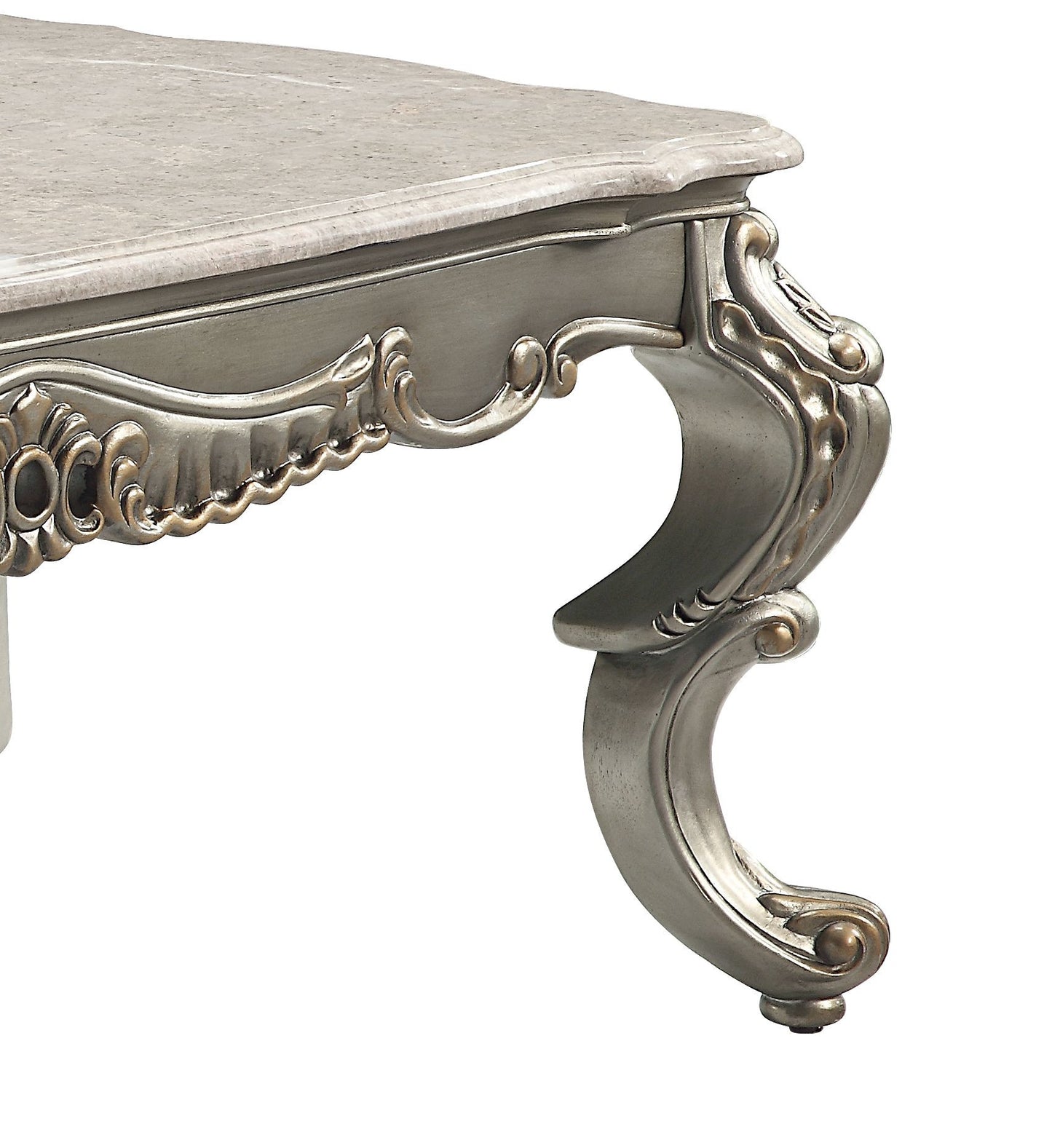 Ornate silver accent table with marble top