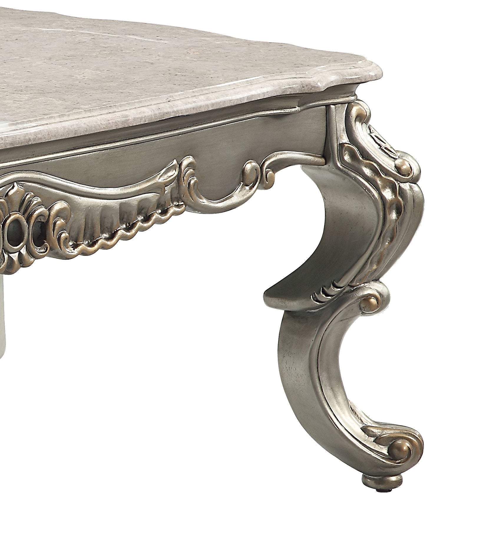 Ornate silver accent table with marble top