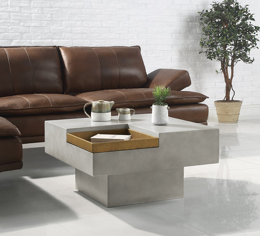 Modern concrete coffee table with gold tray detail