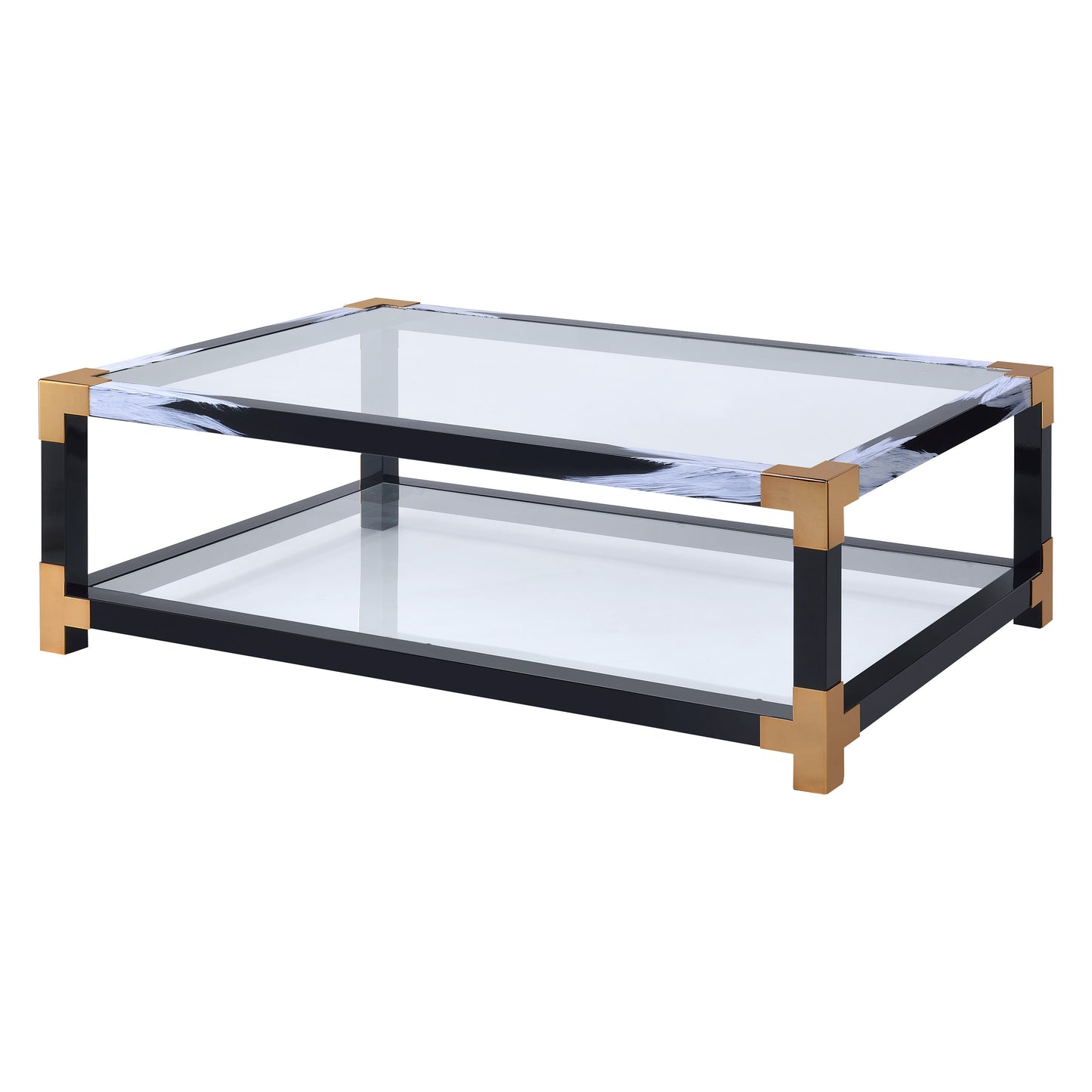Rectangular glass coffee table with black frame and brass accents