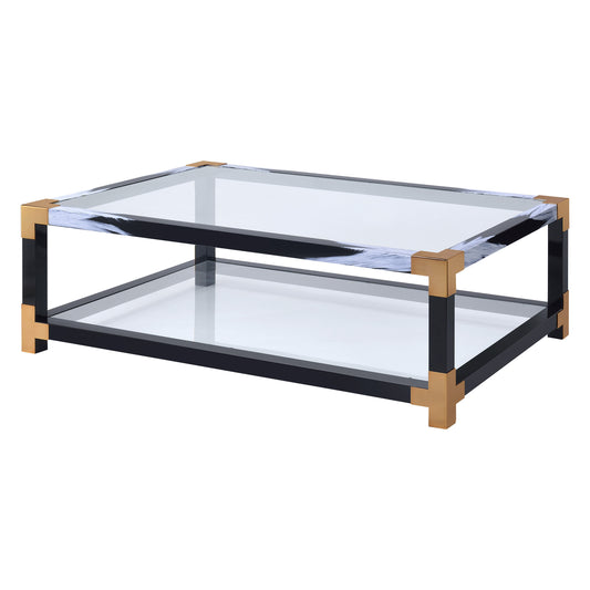 Rectangular glass coffee table with black frame and brass accents