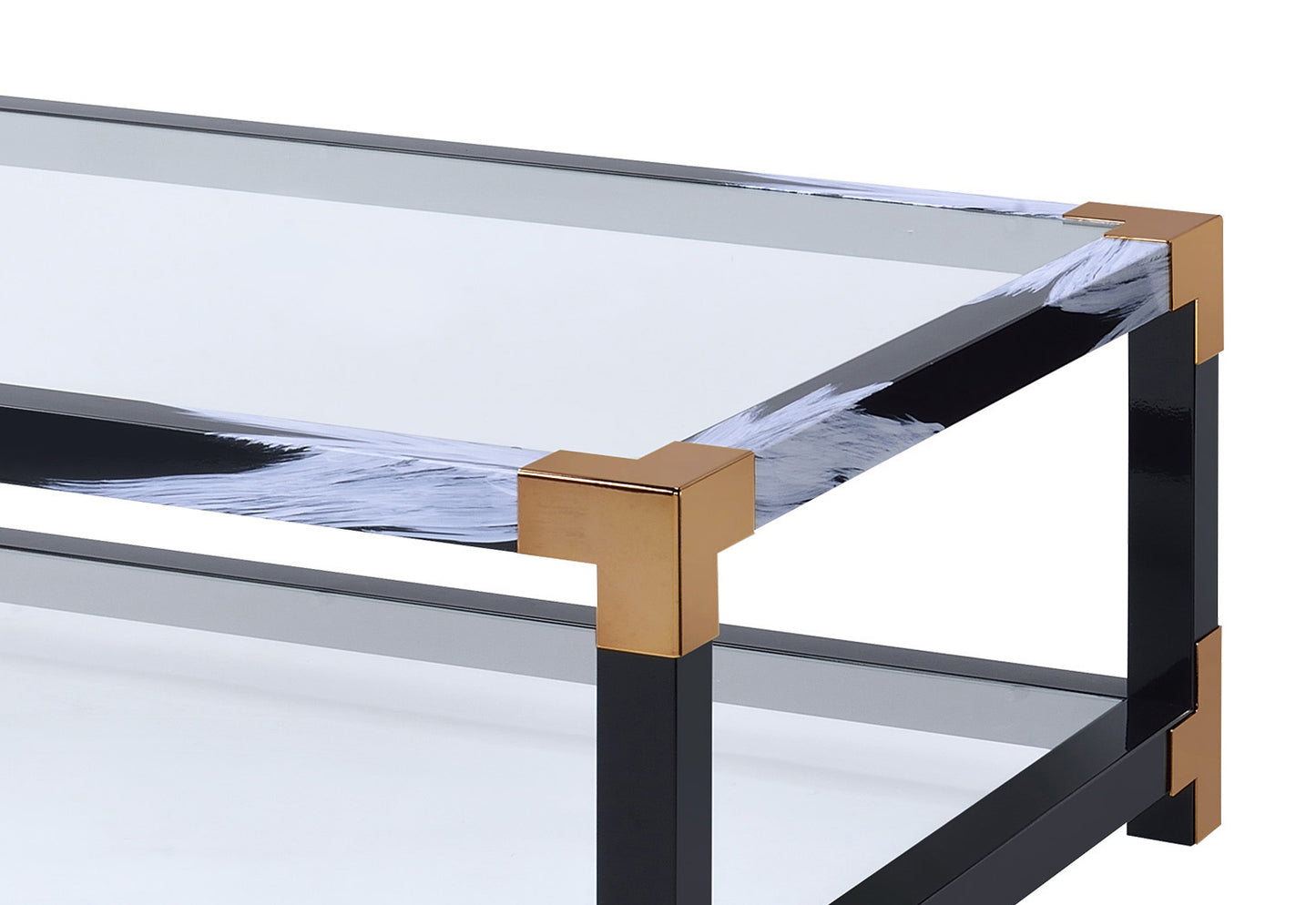 Glass coffee table with black frame and gold corner accents