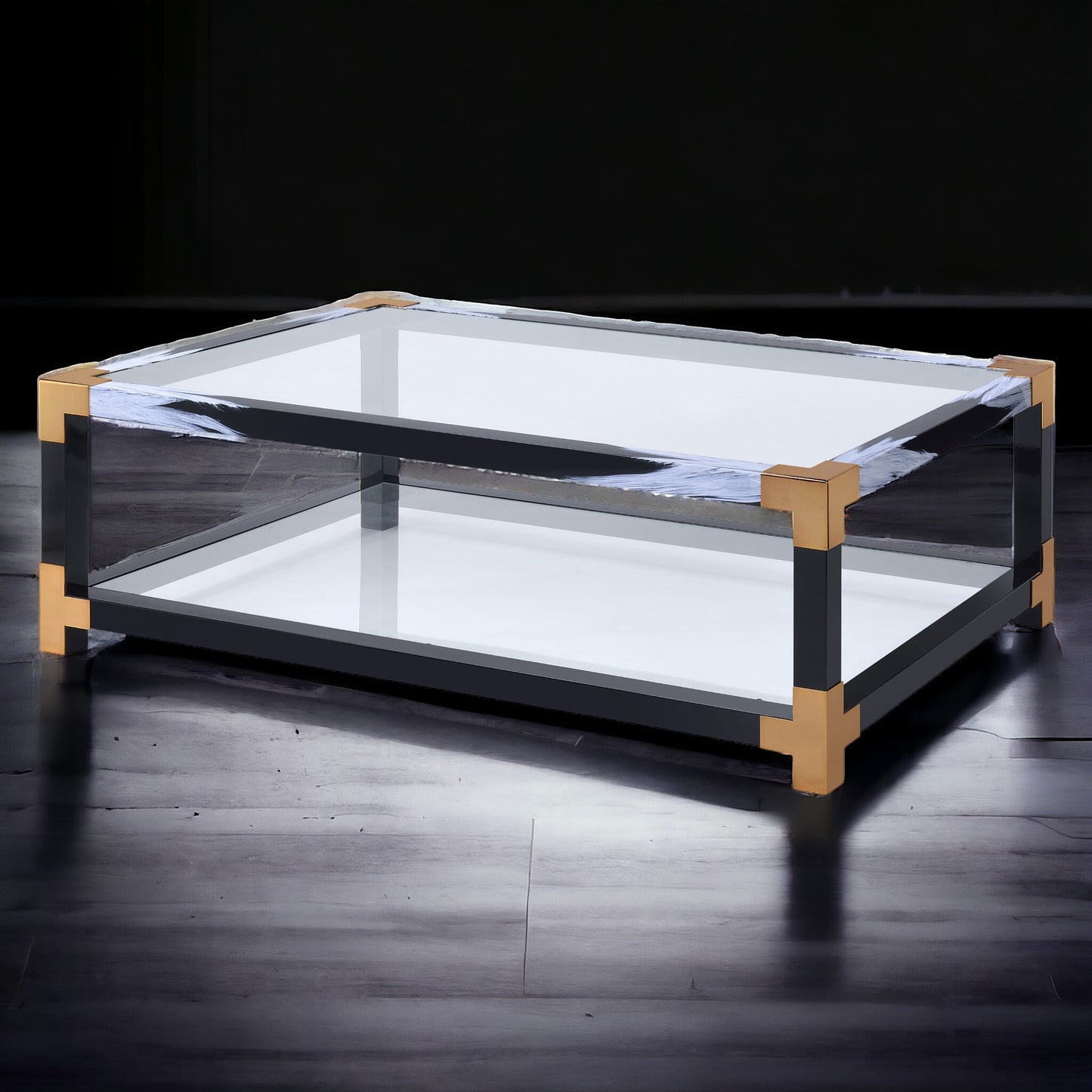 Modern glass coffee table with brass corner accents and dark frame
